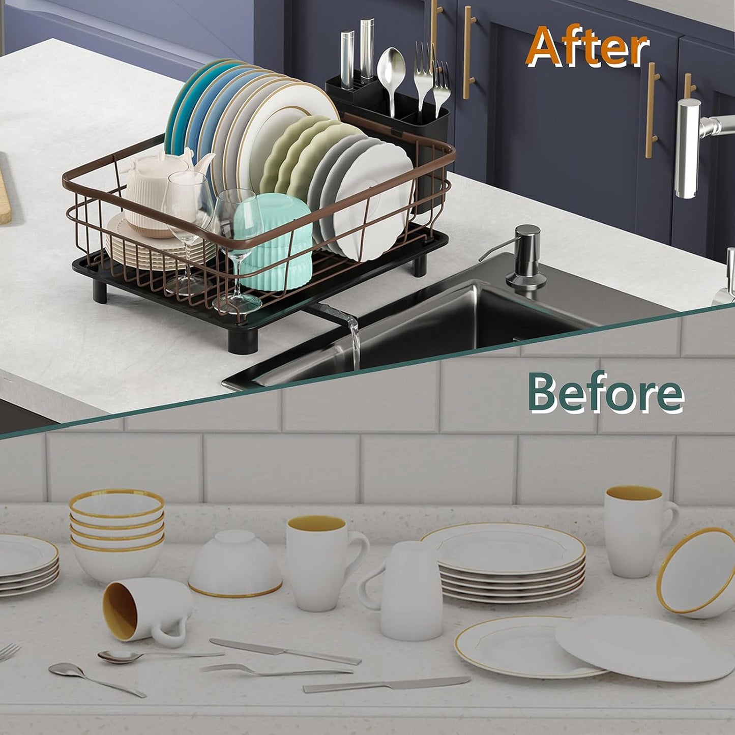 Iron Dish Drying Rack with Drainboard Dish Drainers for Kitchen Counter Extendable Spout Strainers with Utensil Holder and Knife Slots, Brown