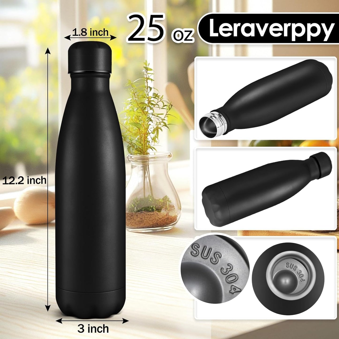 25oz Cola-Bottle Shaped Stainless Steel Leak-proof Water Bottle,Double Wall Vacuum Insulated Metal,Travel Mug For Sports Indoors & Outdoors,BPA-Free School Kids Flasks,Black(1 Pack)