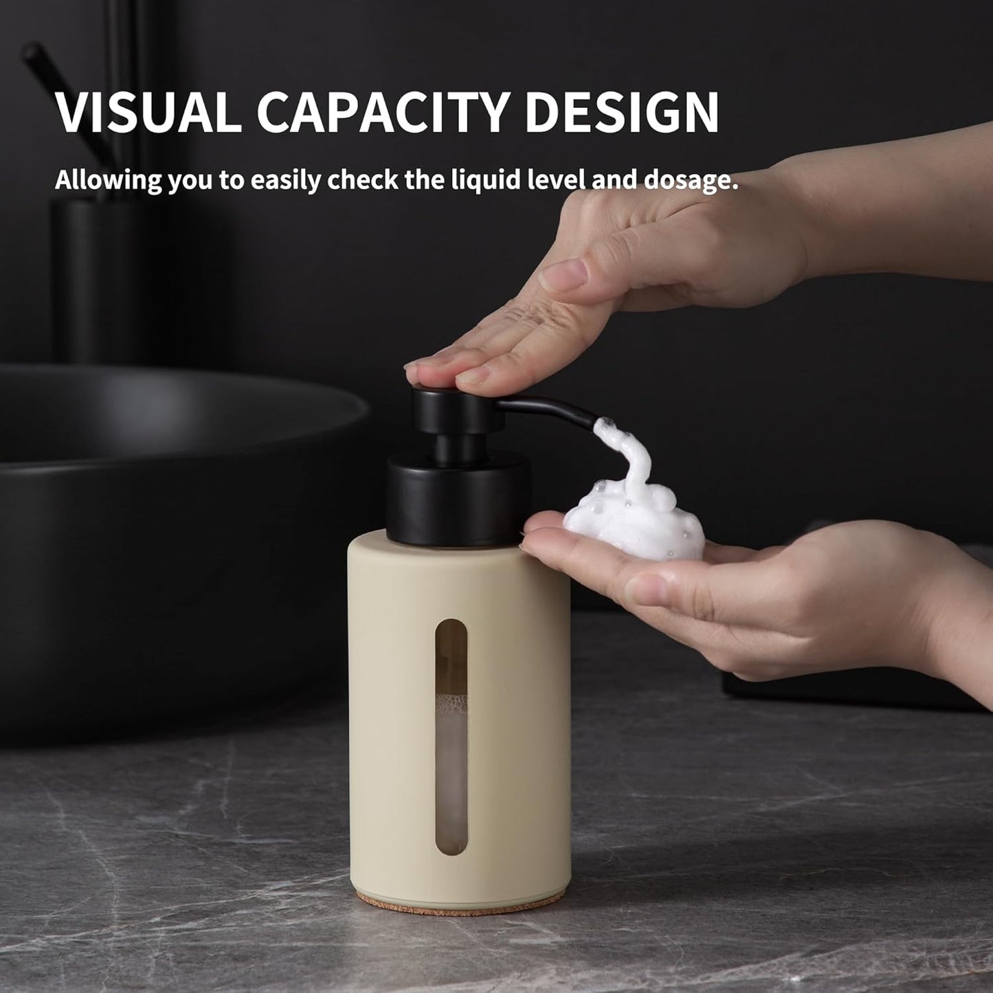 Enra Thick Glass Foaming Soap Dispenser with Clear Window,12oz Bathroom Soap Dispenser with Stainless Steel Pump, Modern Boho Refillable Pump Bottle for Bathroom Kitchen (Beige/Foam Type)