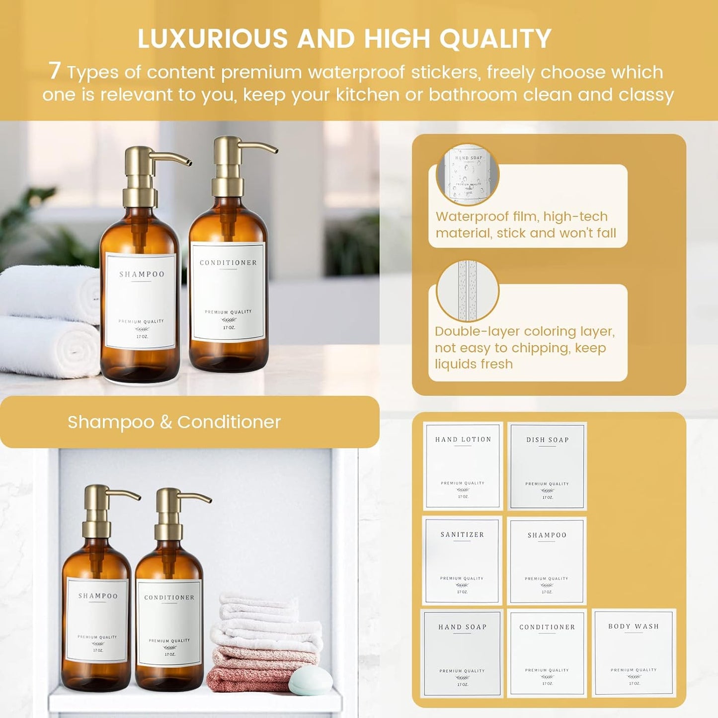 Glass Soap Dispenser for Kitchen Sink,Farmhouse Kitchen Dish Soap Dispenser&Hand Soap Dispenser Set,Rustproof Pump Bathroom Soap Dispenser with Tray,Waterproof Label for Kitchen Decor(Amber