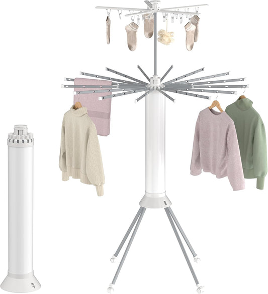 4-Legged Clothes Drying Rack, Portable Dryer Rack with 20 Clips, Outdoor Laundry Drying Rack with 4 Pulleys, Collapsible Drying Rack Clothing, Aluminum Hanging Dryer Rack for Clothes, Socks