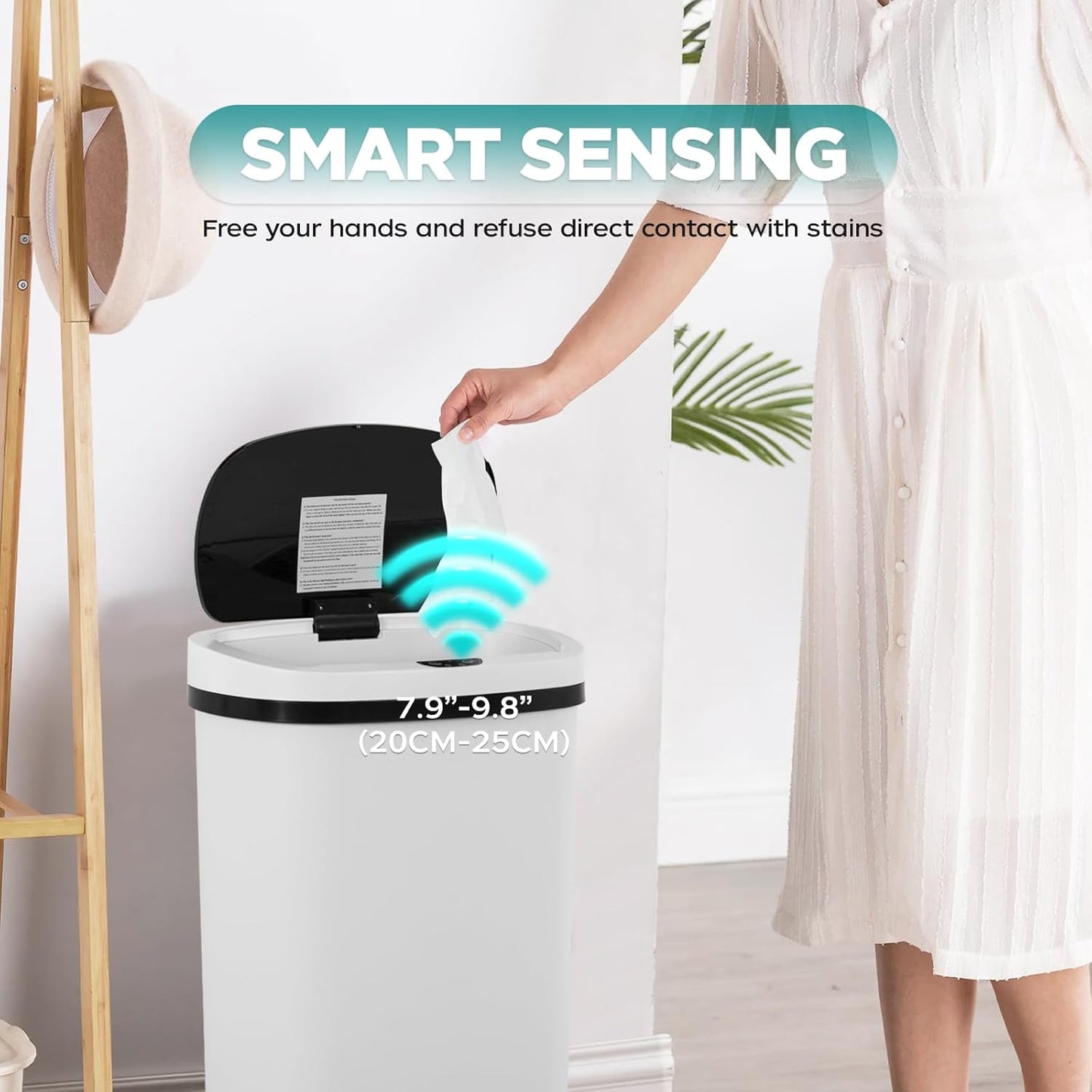 Automatic Motion Sensor Bathroom Trash Can with Lid, 13 Gallon Touchless Trash Bin, Smart Dog Proof Garbage Can, Touch Free Waste Basket for Toilet, Office, Bedroom,White