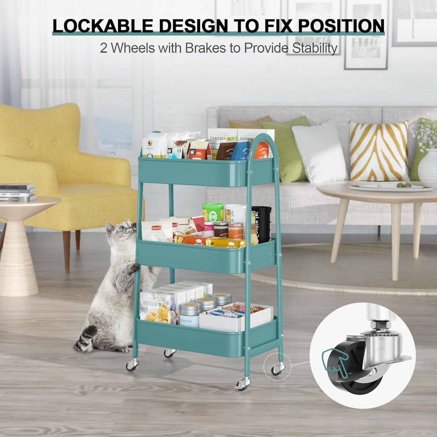 EAGMAK 3 Tier Utility Rolling Cart, Metal Storage Cart with Handle and Lockable Wheels, Multifunctional Storage Organizer Trolley with Mesh Baskets for Kitchen, Living Room, Office, Garage (Green)