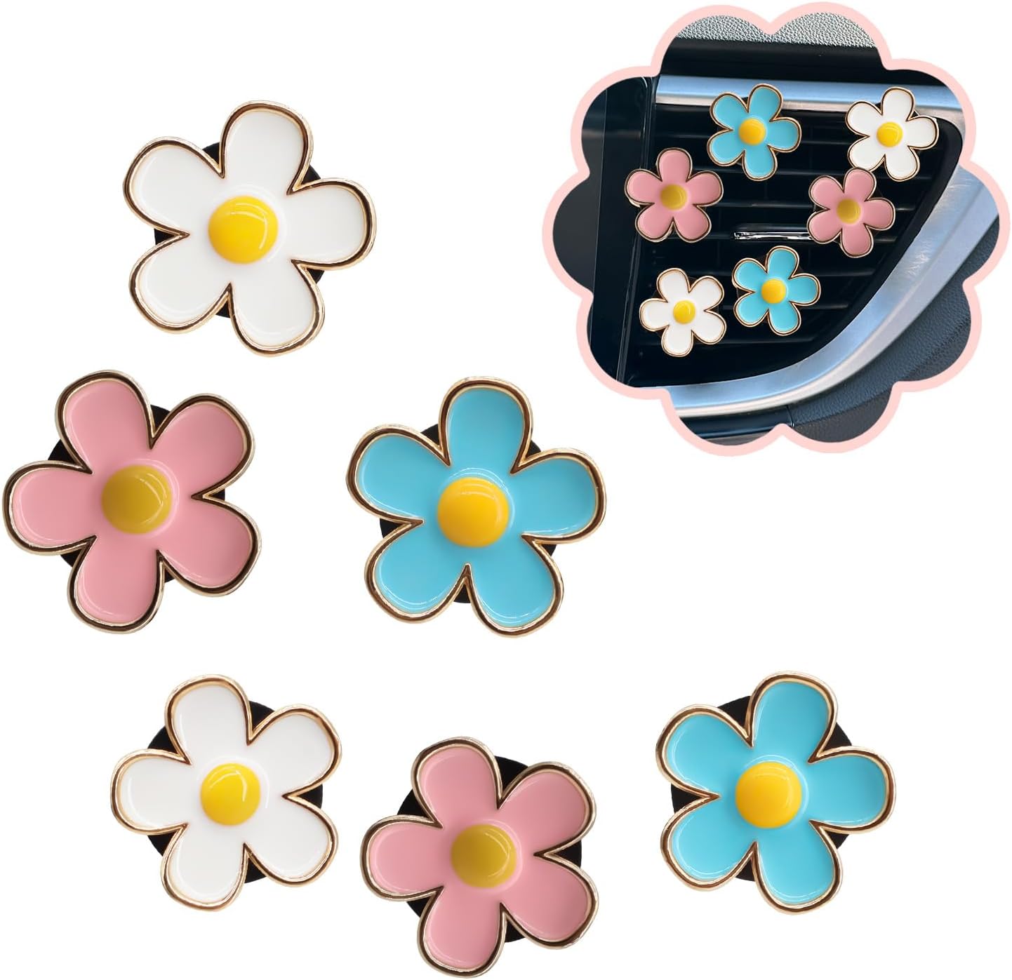6pcs Flowers Car Air Freshener Vent Clips,Blue White Pink Daisy Flowers Air Vent Clip Car Accessories for Women,3cm/2.7cm Refillable Daisy Decor Diffuser