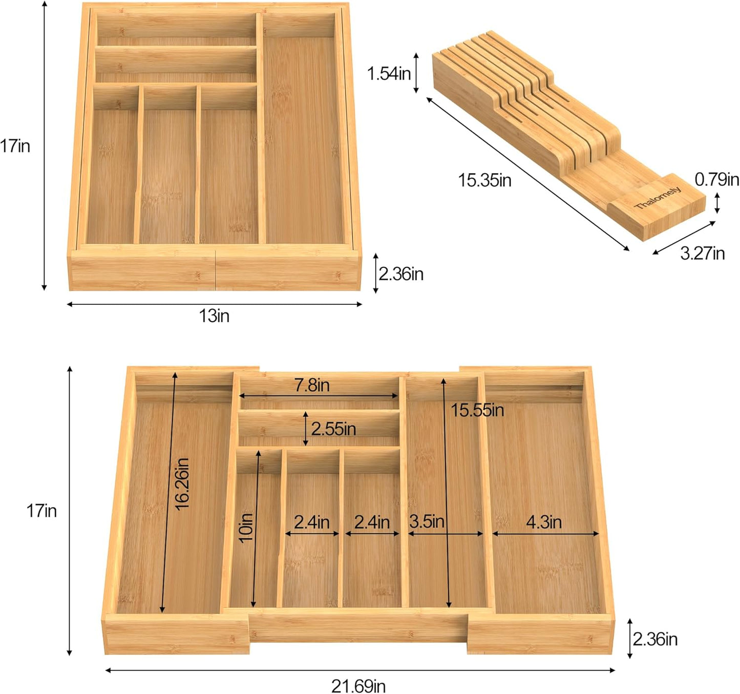 Bamboo Kitchen Drawer Organizer, Expandable Utensil Organizer with Removable Knife Block, Cutlery Tray Holder with Divider, Adjustable Silverware Organizer, Wood Tableware Dividers Storage