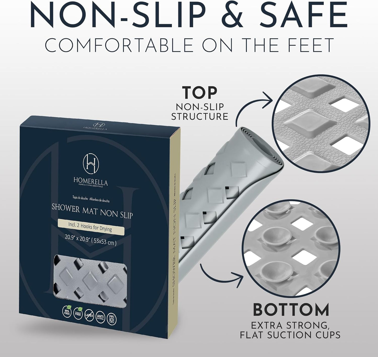 Homerella Anti Slip Shower Mat | Anti Mold Non Slip Bathtub Mat for Inside Shower | Square Floor Shower Mat 21 x 21 inch with Suction Cups for Grip & Hooks Hanging and Quick Drying | Machine Washable