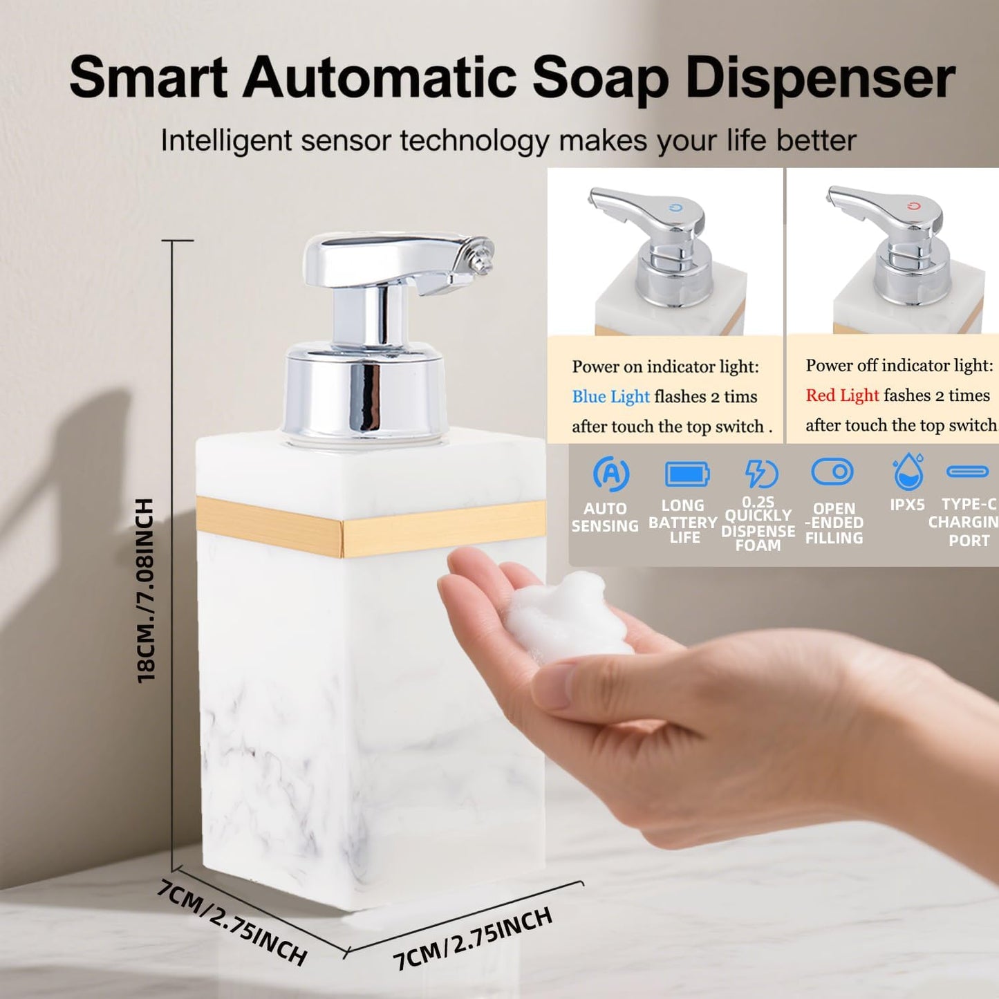 Automatic Foam Soap Dispenser, Touchless Bathroom Kitchen Dish Soap Dispenser with Adjustable Sensor, 7.6oz/225ml USB Rechargeable, Durable Design for Home Commercial Use (White & Gold)