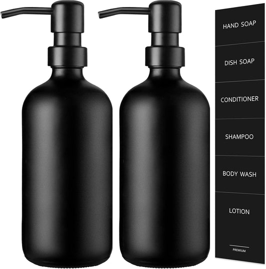 GMISUN Black Soap Dispenser, 2 Pack Matte Black Hand Soap Dispensers Bathroom with Stainless Steel Pump, 17 Fl Oz Glass Dish Soap Dispenser Set for Kitchen, Modern Liquid Soap Bottle with Labels