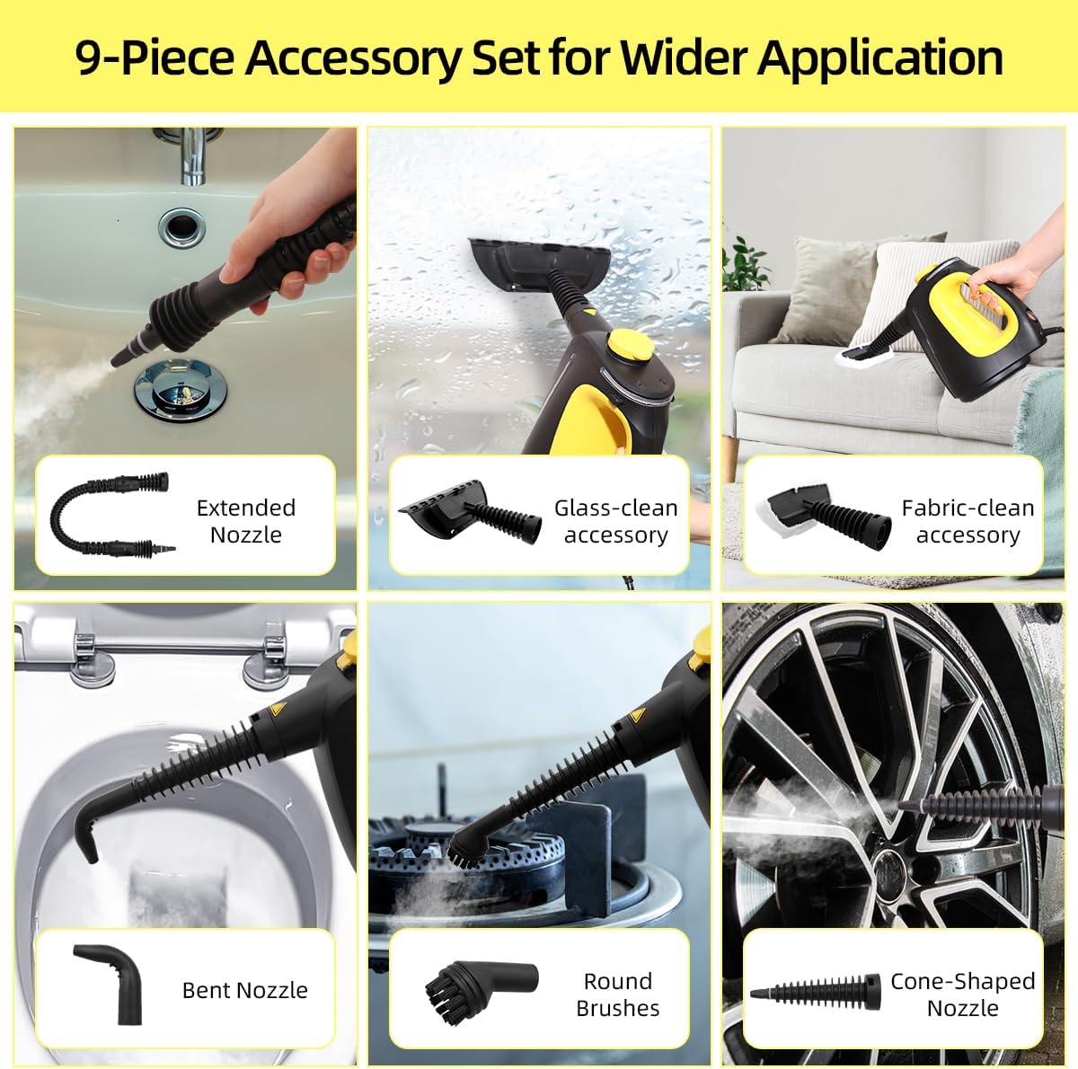 Handheld Steam Cleaner 1350W High Power with 9 Piece with Safety Lock Multi-Purpose Steamer for Home Use Multi-Surface Natural Steam Cleaner for Furniture,Upholstery, Car, Floor