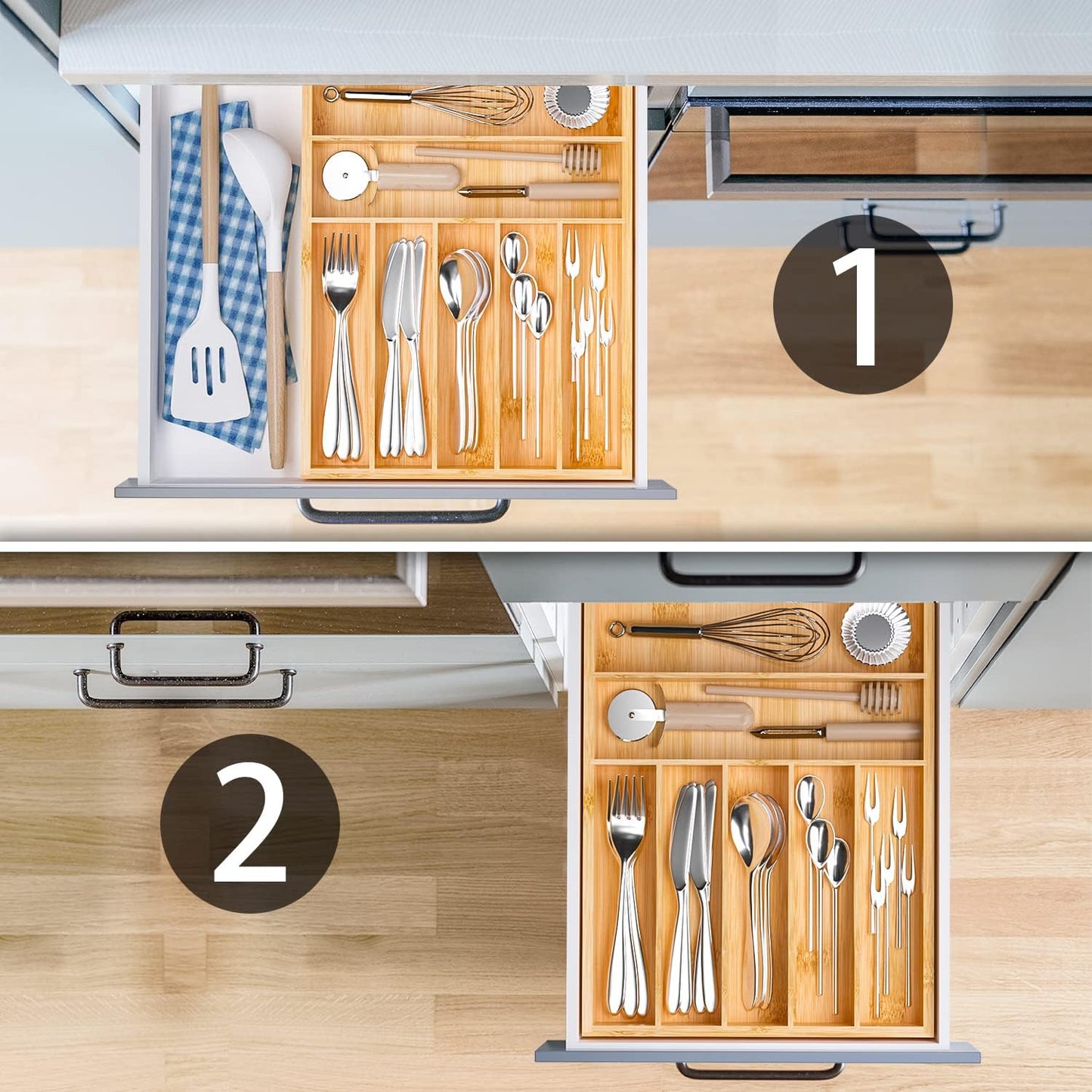 Flatware Organizer Silverware Drawer Organizer - 7 Slots Bamboo Cutlery Tray Multipurpose kitchen Drawer Organizer for Silverware, Utensils, Cutlery, Flatware, Knives W13”x L17” (Yellow)