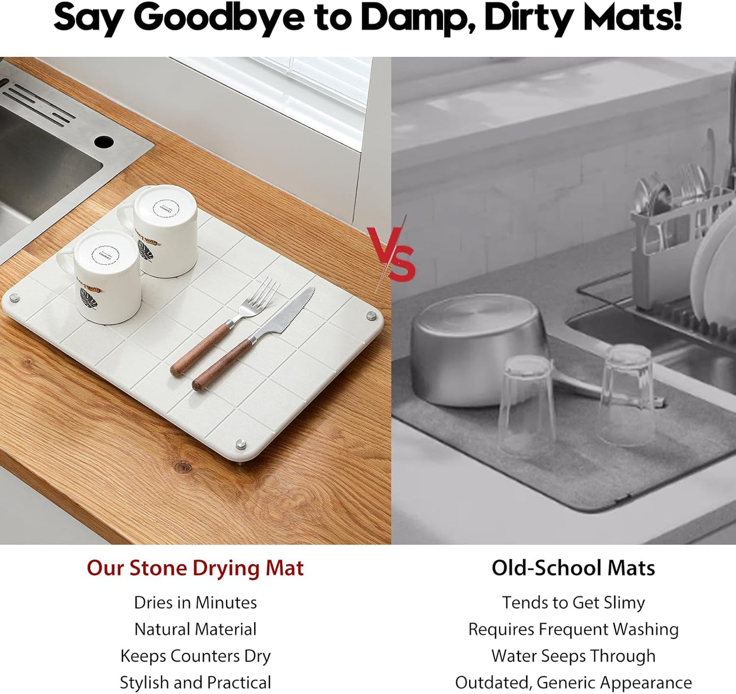 Stone Dish Drying Mat for Kitchen Counter, Water Absorbing Bathroom Tray Sink Organizer, Diatomaceous Earth Countertop Dish Rack Riser Sponge Holder Soap Dish, Gray Beige, 16" x 12"