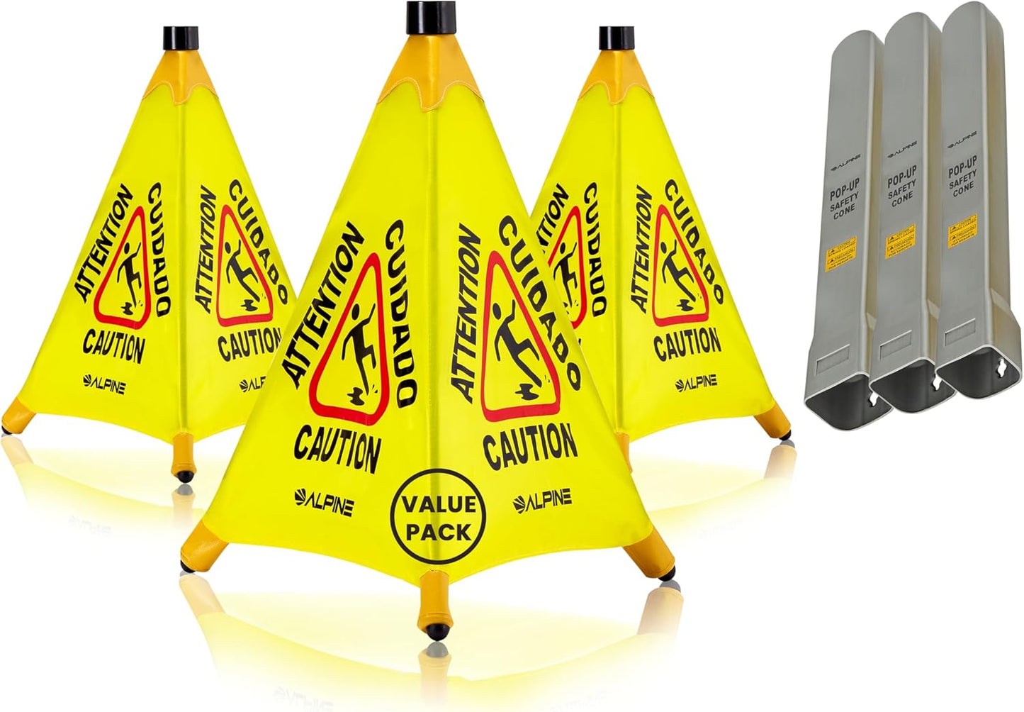 Alpine Caution Wet Floor Sign 3 Pack - Pop Up Slippery When Wet Sign, Wall Mounted Foldable Bilingual Yellow Safety Warning Caution Cone for Commercial & Office Use (20 Inches)