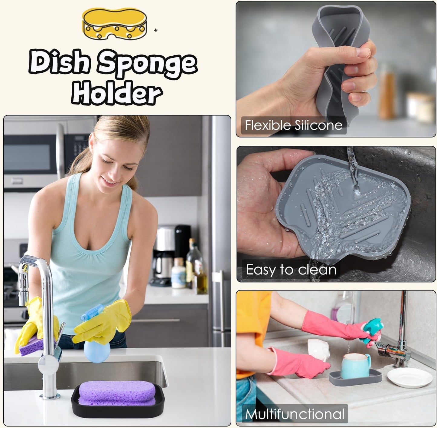 YASMEN 2 Pcs Silicone Soap Dish, Soap Holder with Drain, Sponge Holder for Kitchen Sink, Soap Dispenser Tray, Bathroom & Kitchen Sink Organizer, Rubber Soap Dishes for Bar Soap,Soap Bottles-Black/Grey