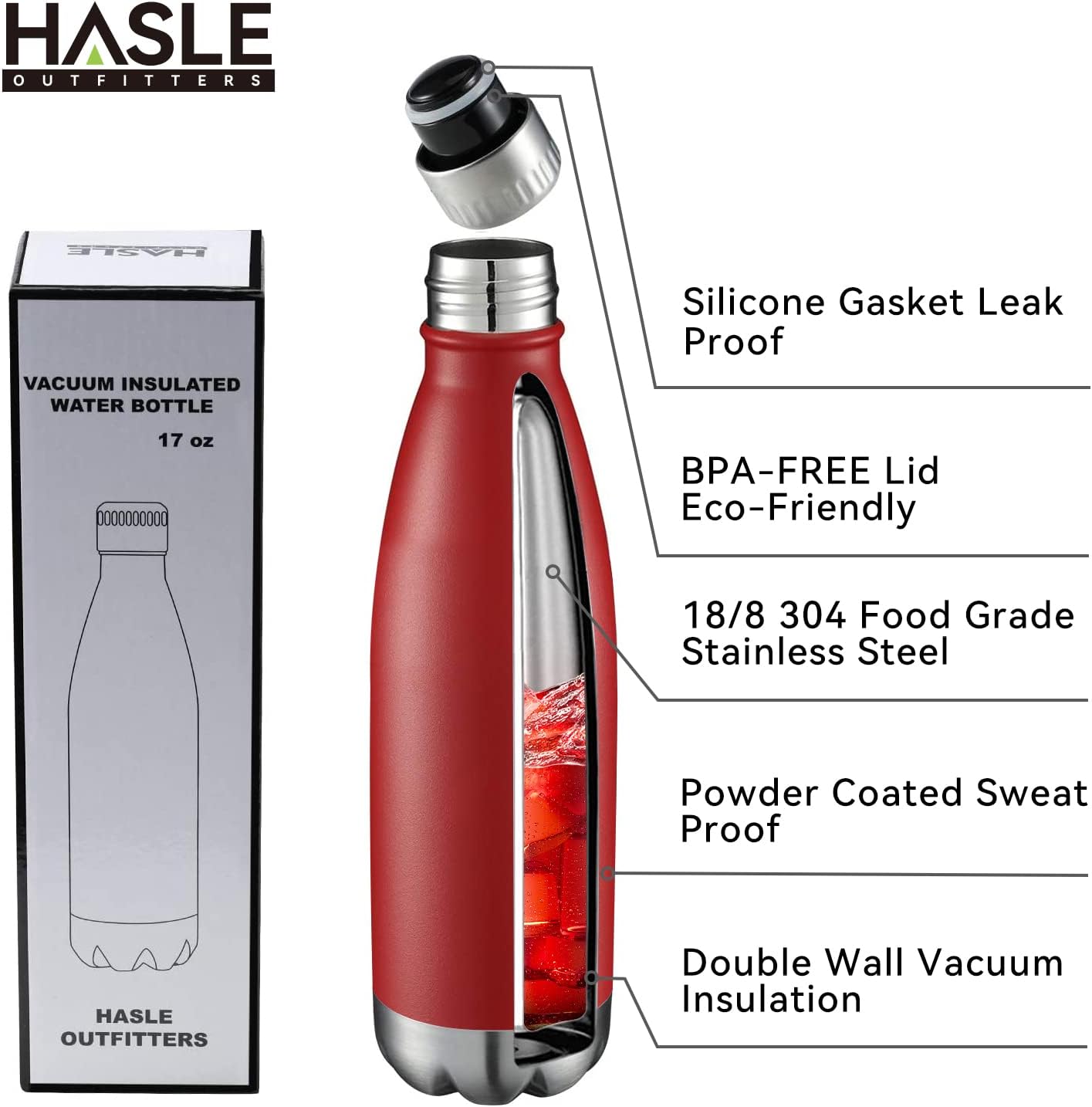 HASLE OUTFITTERS 17oz Stainless Steel Water Bottles Bulk, Vacuum Insulated Double Walled Powder Coated Reusable Metal Sports Water Bottles Keep Drinks Hot and Cold, Red, 4Packs