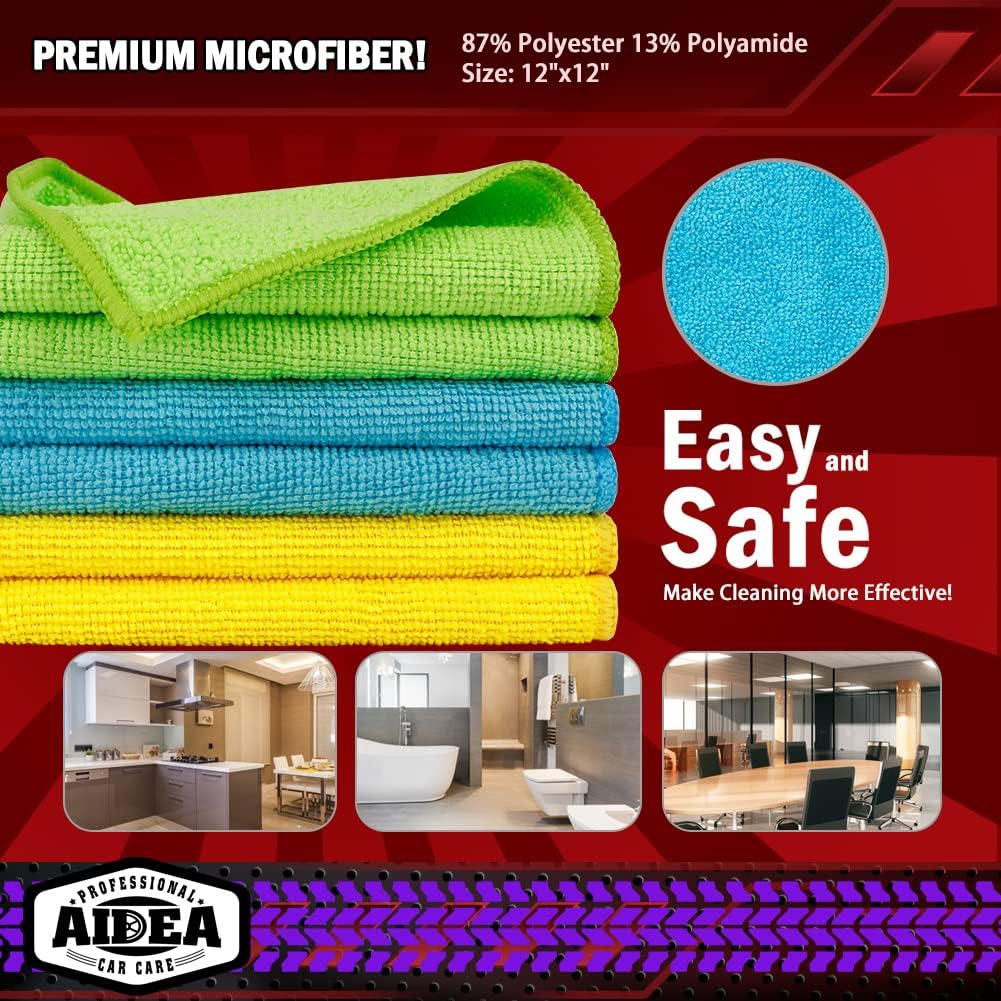 AIDEA Microfiber Cleaning Cloth, 50PK, Microfiber Towels for Cars, Premium Wash Cloths, Dusting Cloth Cleaning Rags, Absorbent Towels for SUVs, House, Kitchen, Window, Cleaning Supplies12×12"