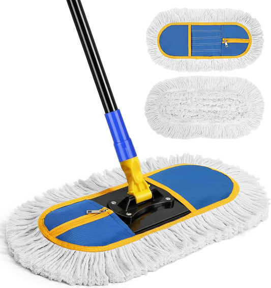 16 Inch Commercial Dust Mop for Floor Cleaning - Industrial Wet Dry Broom with 2 Washable Mops Pads for Hardwood Vinyl Laminate Floors Warehouse Courtyard Cleaning,Blue
