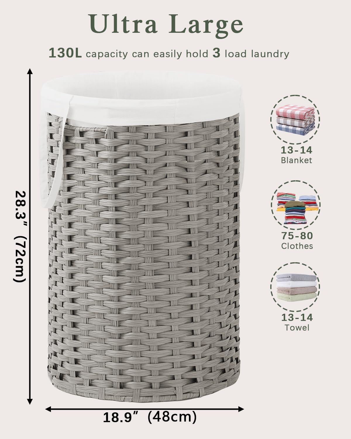 34.3 Gal (130 L) Large Laundry Hamper Laundry Basket Round Handwoven Wicker Laundry Baskets Rattan Laundry Basket with Removable Bag Handles 2 Mesh Bags for Living Room Bedroom Gray