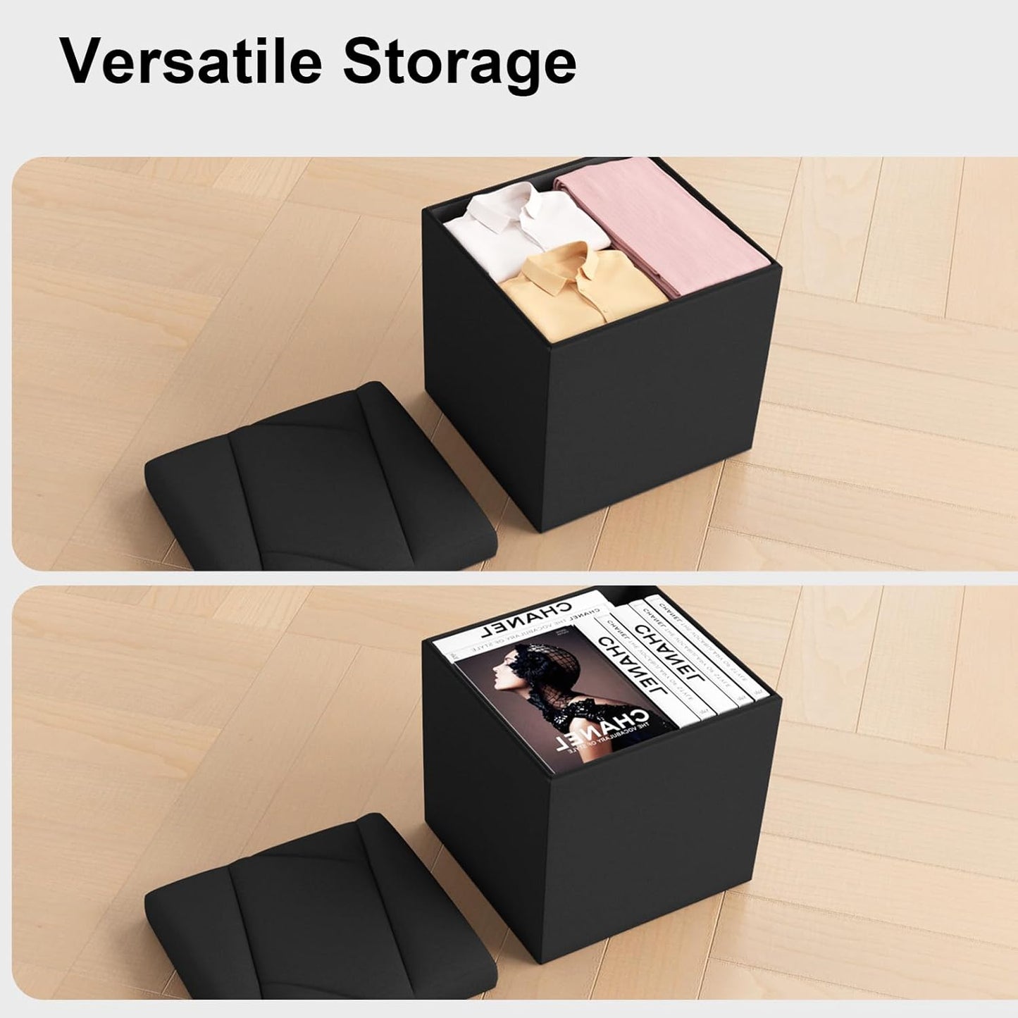 Folding Storage Ottoman Bench, 15 Inches End of Bed Bench,Folding Ottoman Storage for Bedroom, Entryway and Living Room, 15"x15"x15",Black