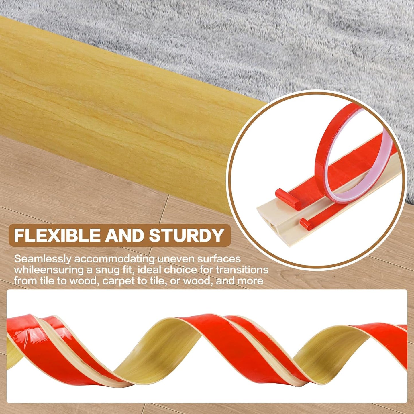Floor Transition Strip Vinyl Door Threshold Ramp Self Adhesive Carpet Edging Strip Doorway Edge Trim, Overlap Edge Reducer for Laminate Carpet, Floor, Tile (Raw Wood Grain, 2/5" to 3/5", 6.6Ft)