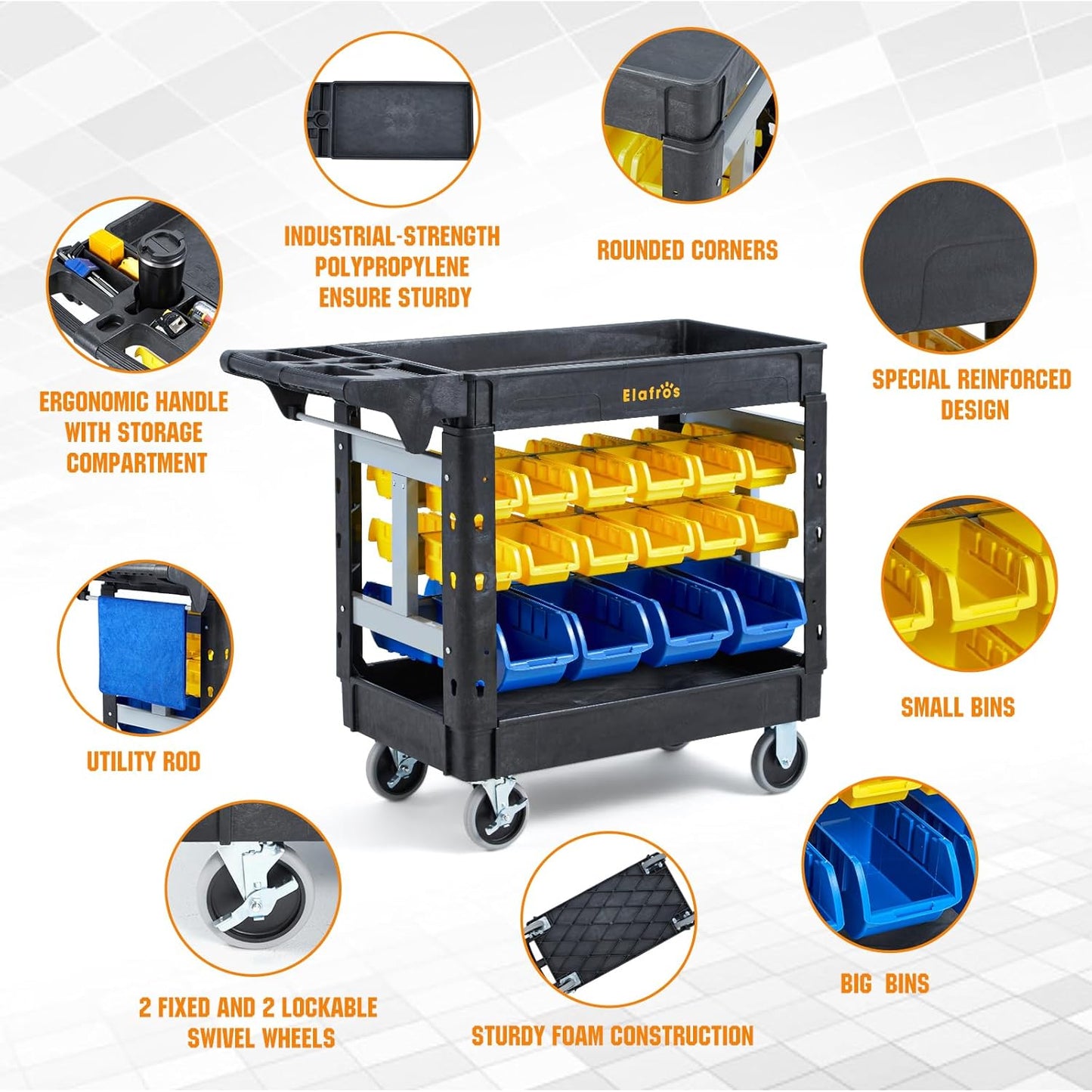 Elafros 2-Tier Utility Cart with 32 Storage Bins – Heavy-Duty Rolling Service Cart with Deep Tub Shelves, Locking Wheels, 550 lbs Capacity, 40.7"x17", for Workshop, Garage, Office