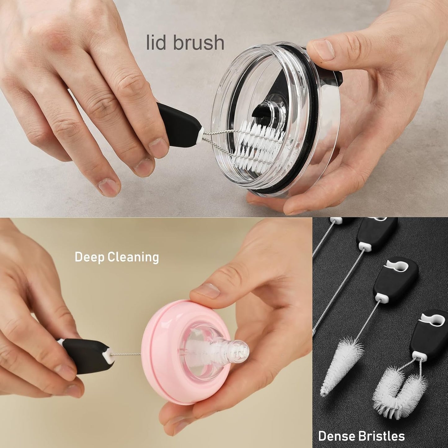 ALINK 5 Pack Water Bottle Brush Cleaning Set with Holder, Bottle Cleaner with Stand, Straw Nipple Lid Brush for Stanley 40OZ/30OZ Tumblers, Drinking Glass, Baby Bottles, Jugs - Black