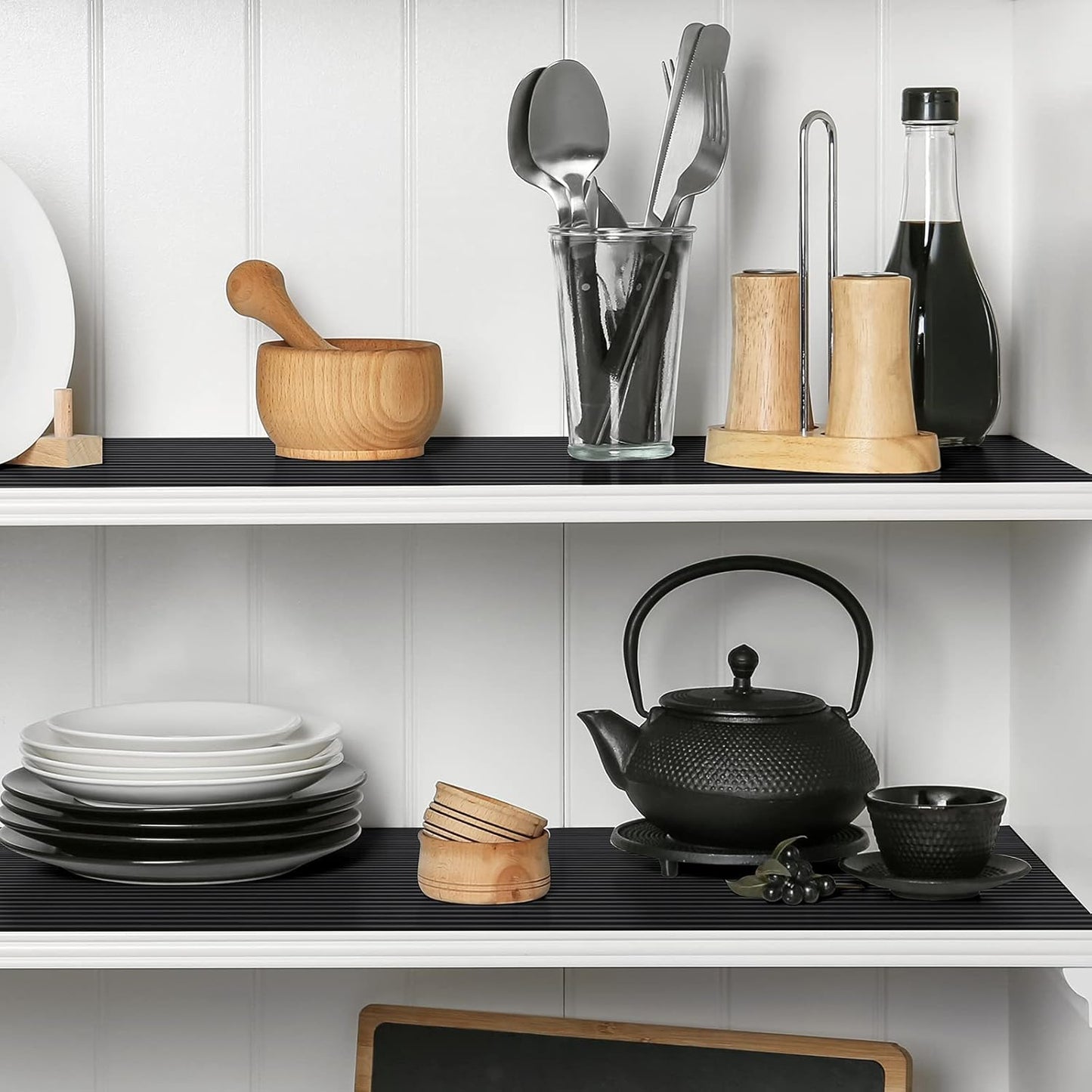 Black Shelf Liners for Kitchen Cabinets Non-Adhesive, Drawer Mat Liner for Bathroom, Plastic Pantry Shelf Liner Waterproof Washable Cabinet Protector Liners for Shelves, Cupboard Liner