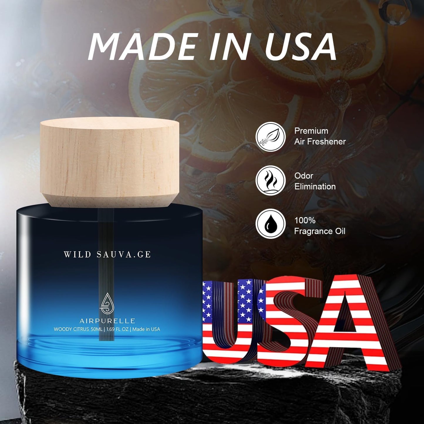 Car Air Freshener for Men & Women – Long-Lasting Woody Citrus Essential Oil Diffuser for Car Cup Holder – 50ML (1.7 FL OZ) Car Scent Diffuser, Inspired by Perfume – Made in USA