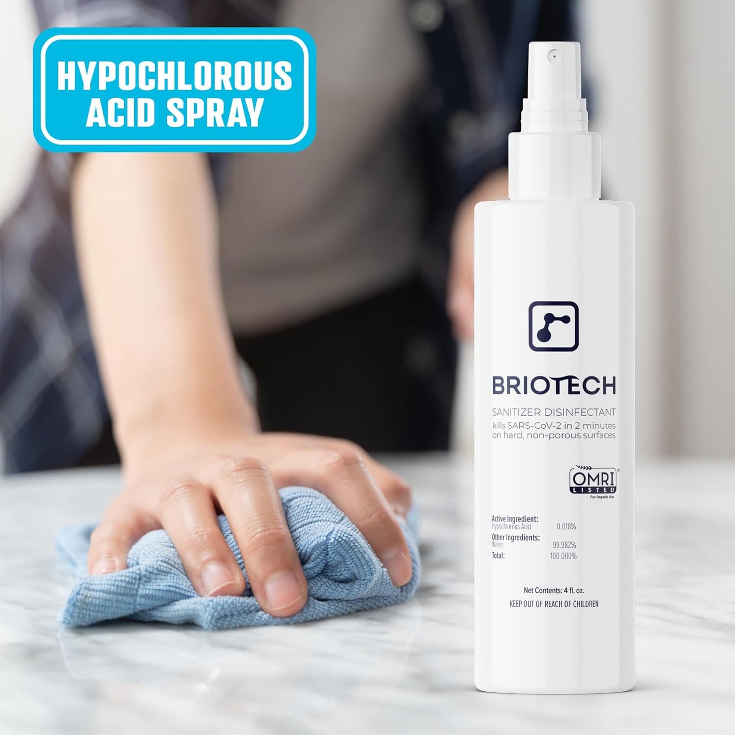 BRIOTECH Sanitizer Disinfectant Hypochlorous Spray, Kill 99.99% of Viruses & Bacteria, Control Mold, Eliminate Odor, Gentle for Nursery & Play Rooms, Food Contact Surface Sanitizer, 32 fl oz (4 Pack)