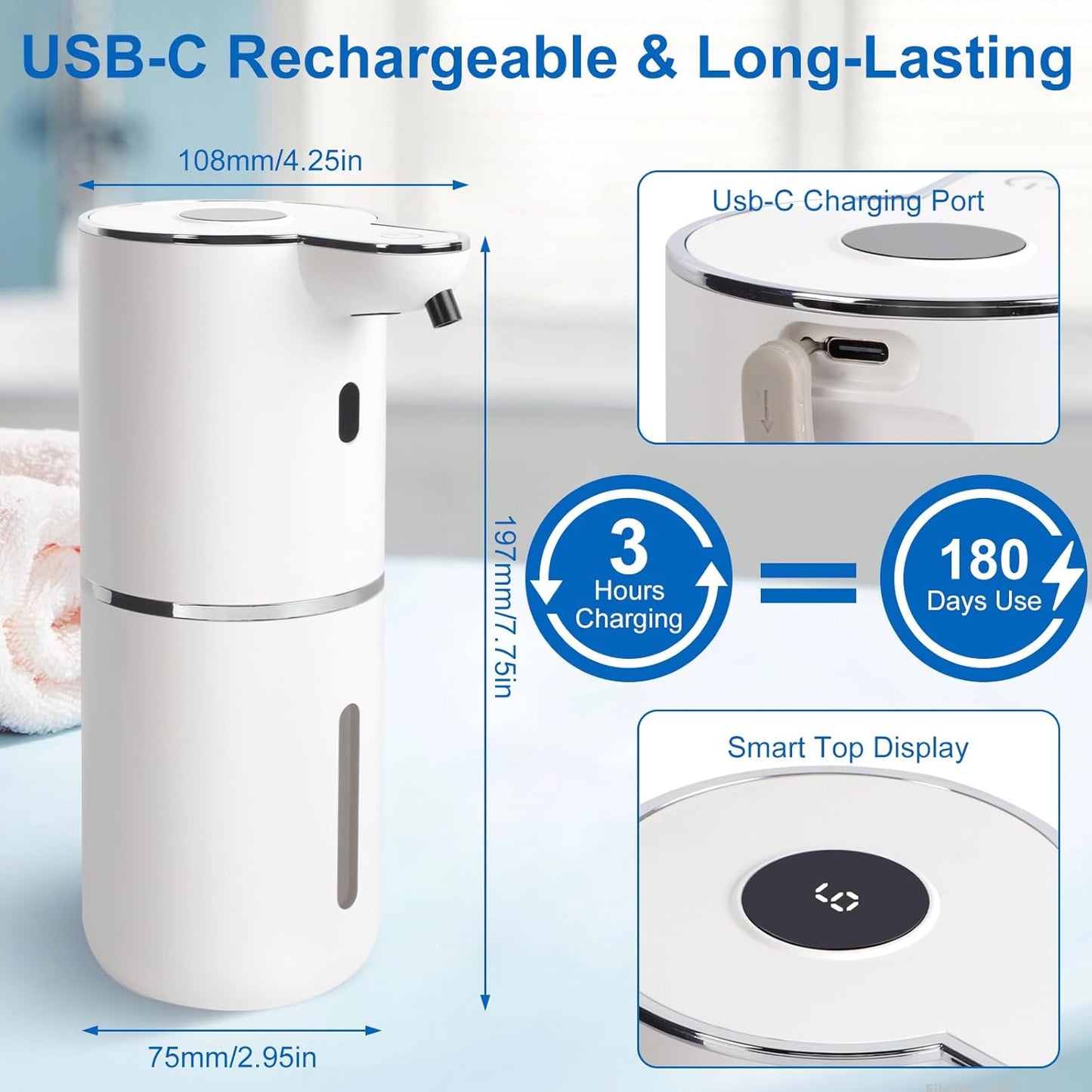 Automatic Liquid Soap Dispenser Touchless, USB-C Rechargeable Hand Soap Dispenser 12.8oz/380ml, 6-Level Adjustable Smart Soap Dispensers Wall Mounted for Bathroom and Kitchen Dish Soap
