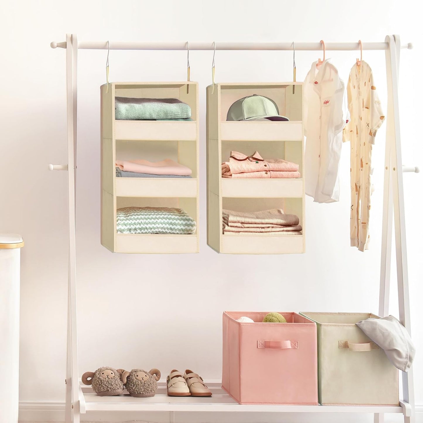 GRANNY SAYS 3 Shelf Hanging Closet Organizers and Storage, Collapsible Closet Storage Organizer with 2 Metal Hooks, Leak-Proof Hanging Shelves for Wardrobe, RV Camper, Locker, 2 Pack, Khaki