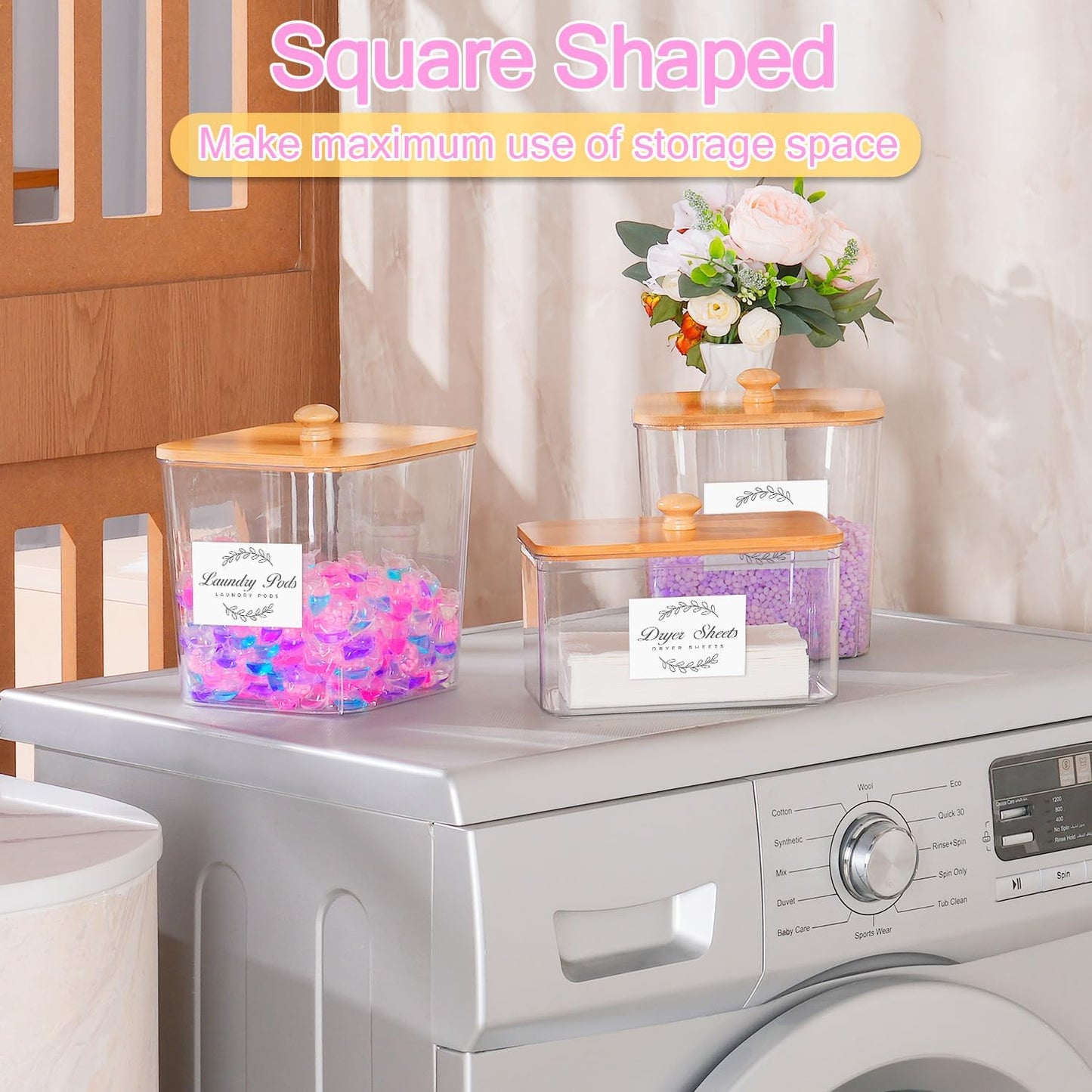 efluky 3 Pack Laundry Pods Container & Dryer Sheet Holder Set,Clear Laundry Room Organization Containers with Bamboo Lids and Labels,Laundry Pods Holder for Scent Booster,Powder,Pod