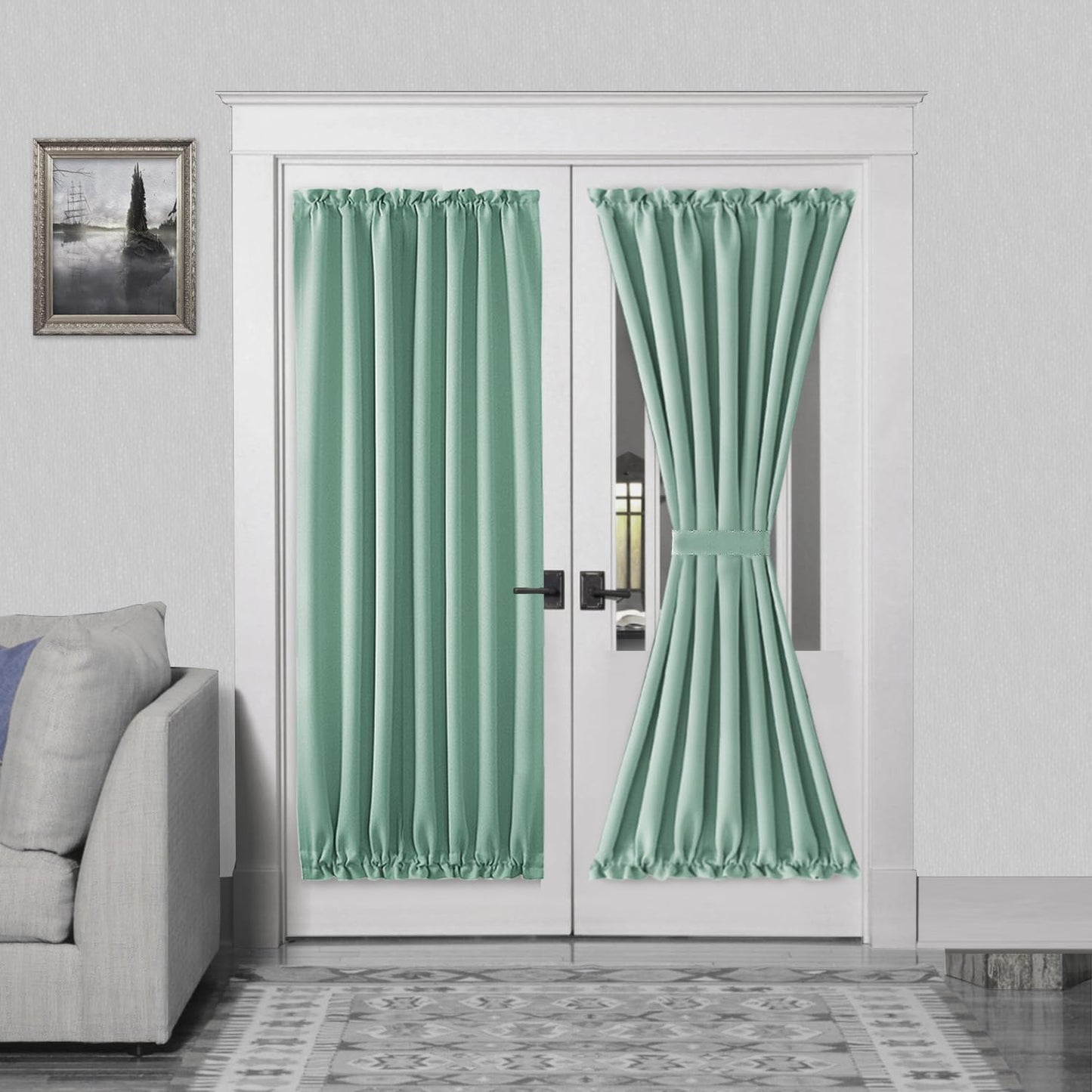 DWCN French Door Curtains – Rod Pocket Thermal Blackout Curtain for Doors with Glass Window, Kitchen and Patio Doors for Privacy, 54 X 72 Inches Long, 1 Curtain Panel with Tieback, Light Sage