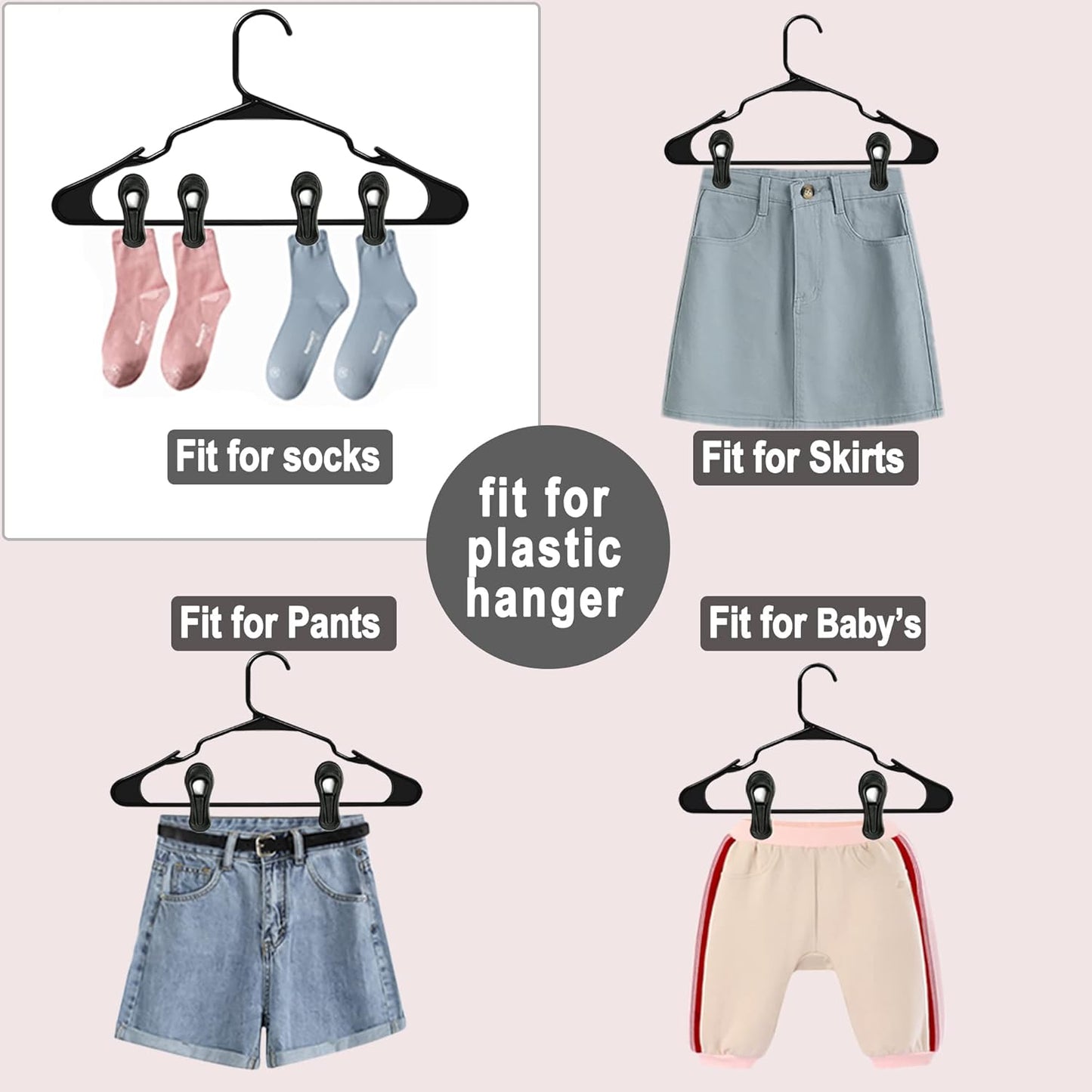 Black Hanger Clips 60 PCS, Multi-Purpose Plastic Clips Perfect for Plastic Hangers Velvet Hanger, Finger Clips for Skirt Pants Hangers