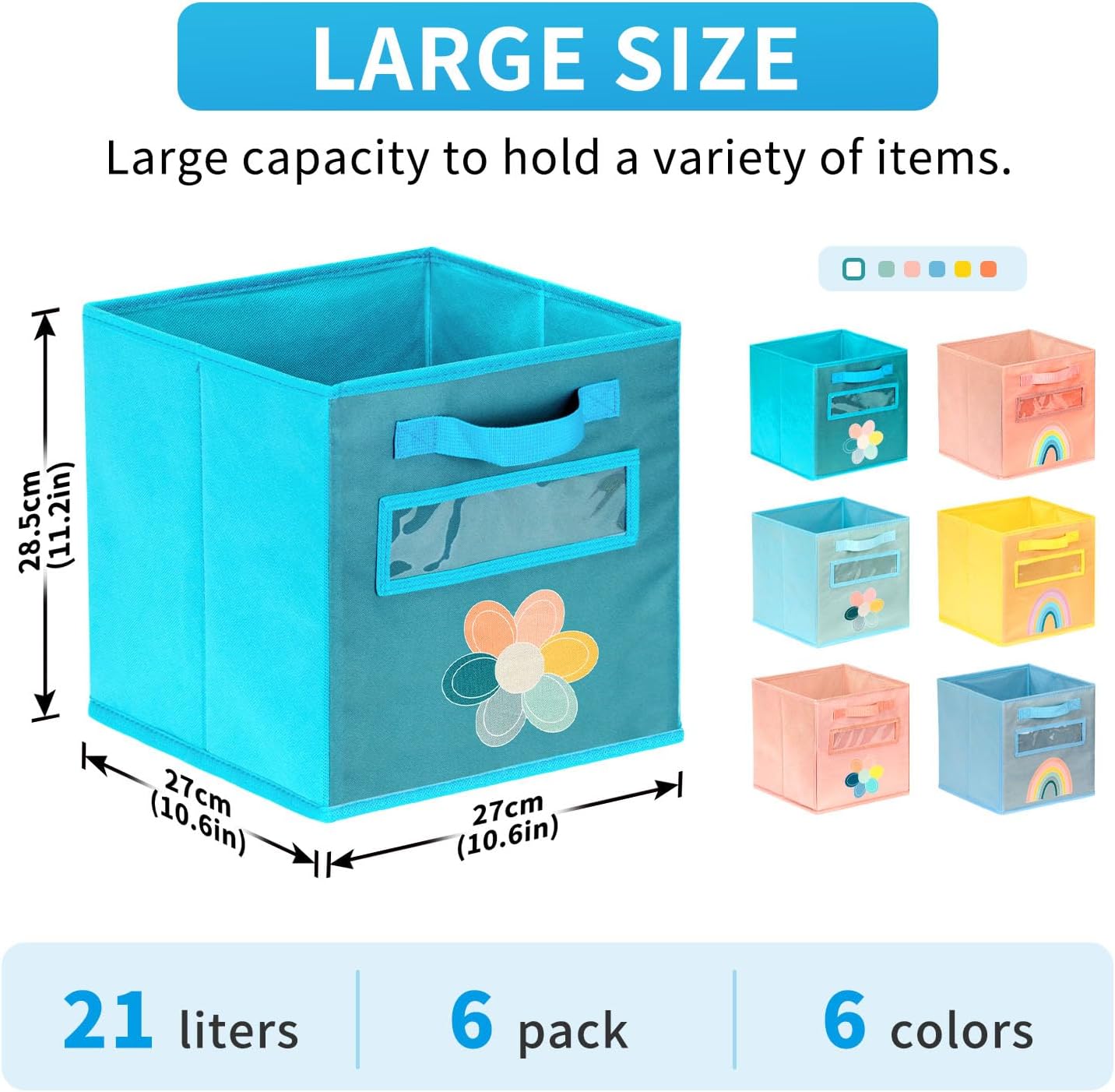 Cube Storage Bins, 6 Pack 11 Inch Fabric Storage Bins with Handle and Label Window, Foldable Storage Cubes, Colorful Fabric Bins for Kids Room, Classroom Organization and Storage, Clothes, Toys