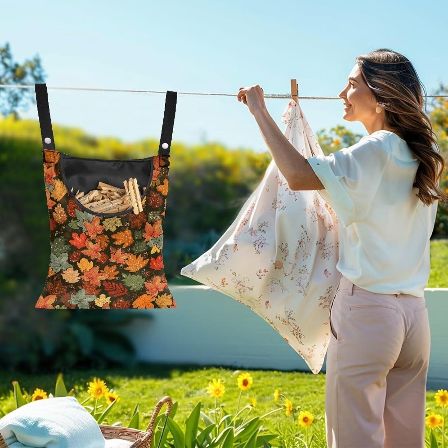 Fashion Maple Leaf Laundry Clothespin Holder Bag - 12x14.5 Inch Waterproof Hanging Organizer with Large Opening for Patio & Home