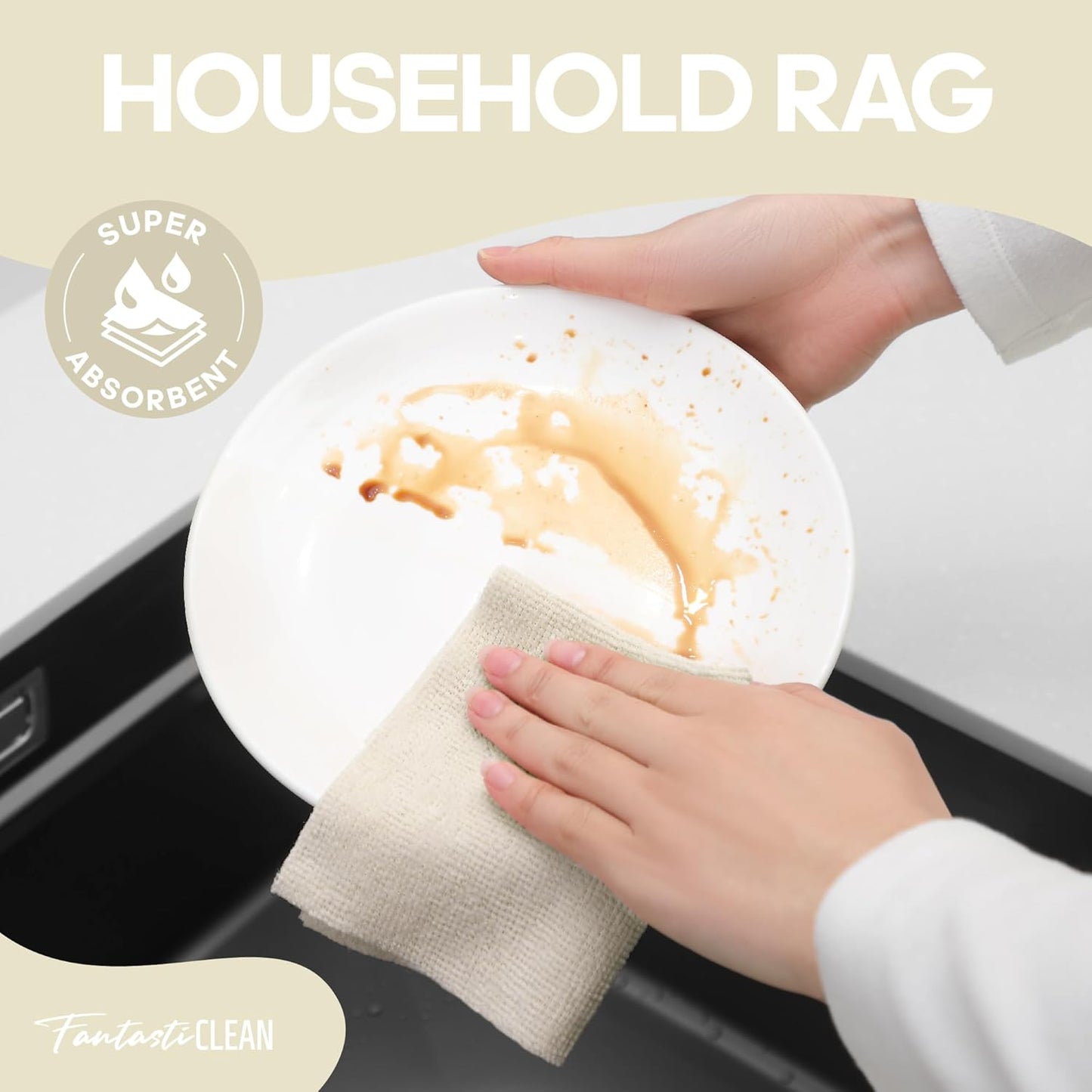 Fantasticlean Microfiber Cleaning Cloth Roll -60 Pack, Tear Away Paperless Towels, 8" x 8", Reusable Washable Rags, for Home Kitchen, Pet, Office, Indoor Outdoor, Compact and Portable (Off-White)