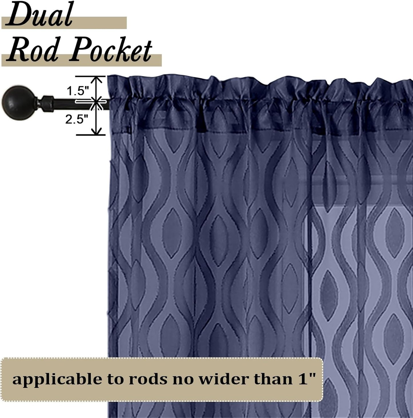 Aiyufeng Navy Blue Curtains - 84 Inch Length (2 Panels), Airy Lightweight Clip Jacquard Light Filtering Bedroom/Living Room Curtains - 80 Inch Width, Wavy Line Rod Pocket, Modern Style