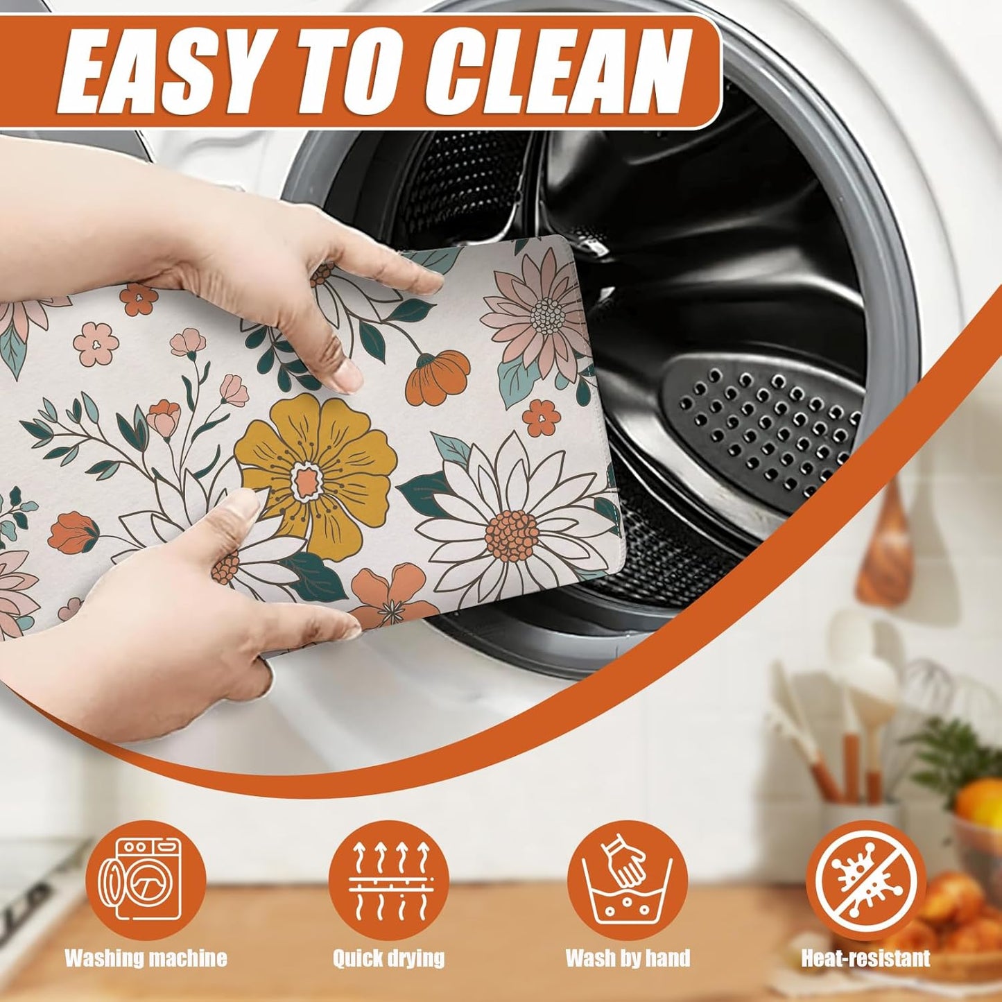 Boho Flower Dish Drying Mat for Kitchen Counter Microfiber Absorbent Dish Kitchen Drying Mat Draining Reusable Washable for Dishes/Utensils/Counterto