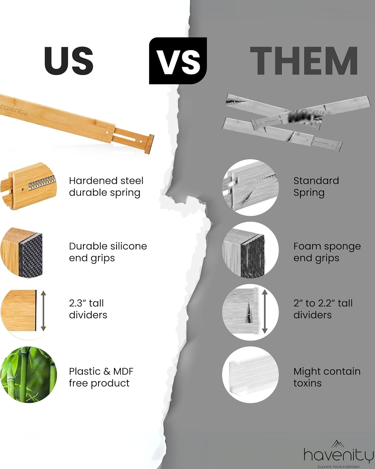 4 Pcs Bamboo Kitchen Drawer Dividers Large 14"-19", Spring Loaded, Works in Kitchen, Adjustable Drawer Organizers, Dresser, Bathroom, Bedroom, Drawer Desk, Office