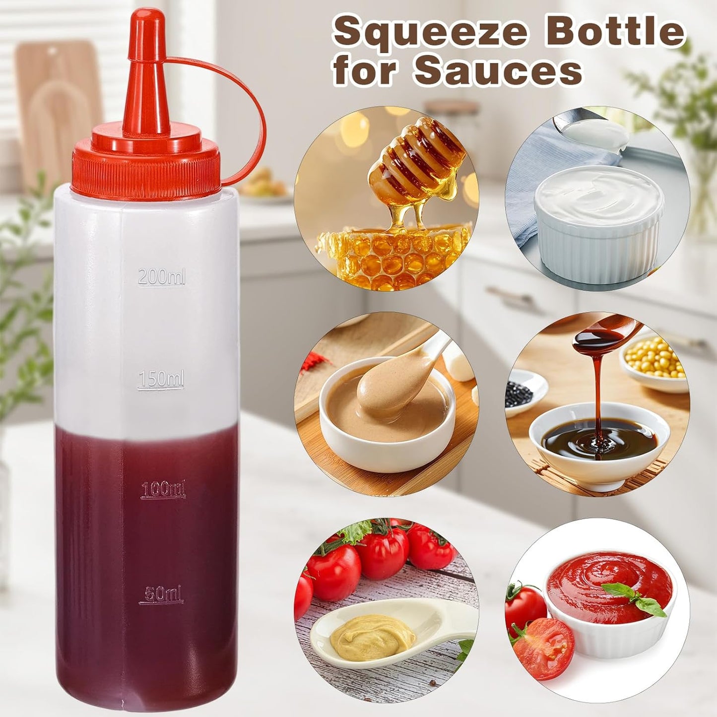 Condiment Squeeze Bottles Ketchup Dispenser, 4 Pack 8oz Squeeze Bottles for Liquids, Plastic Sauce Bottle with Cap Lid, Squirt Bottles for Sauces Liquids BBQ Dressing Pancake Art