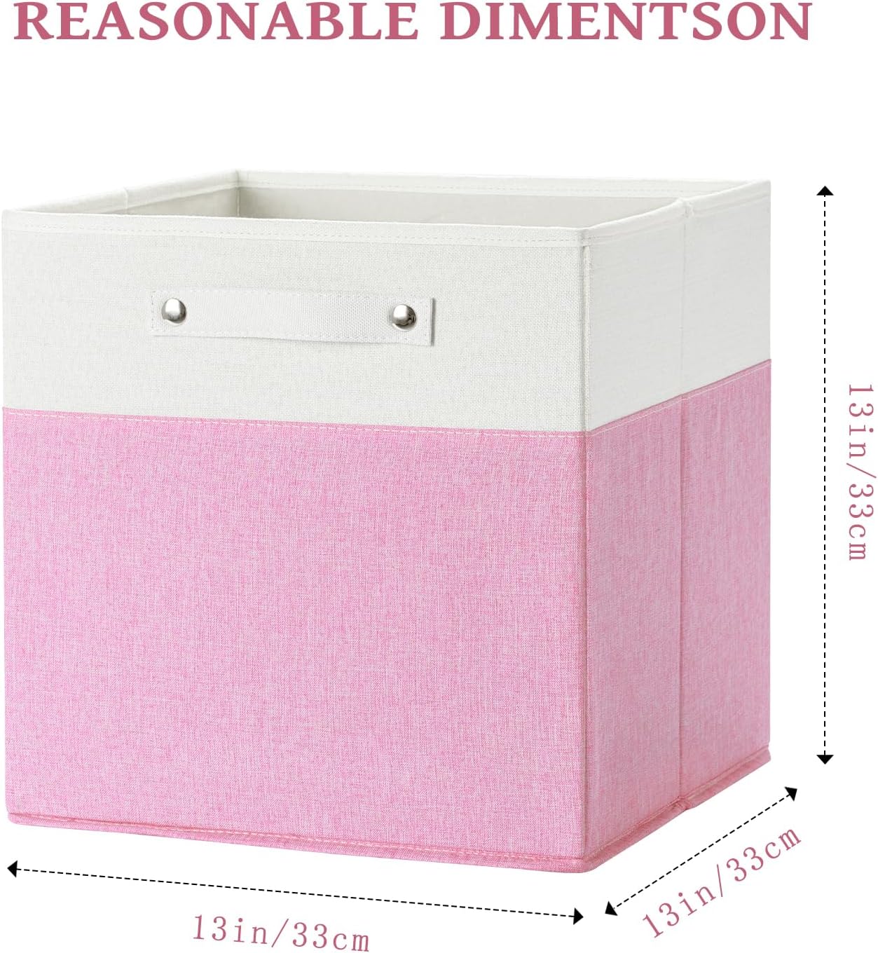 13 x 13 Inch Fine Linen Storage Bins with Handles，Fabric Cube Boxs，Collapsible Basket Organizers for Shelves for Home, Closet Drawers (White/Pink-6 Pack)