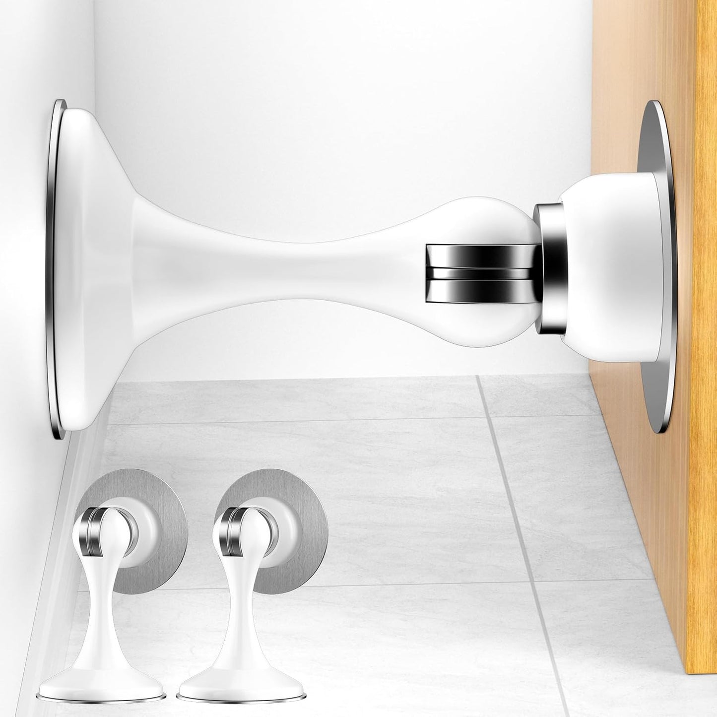Crosize Magnetic Door Stoppers 2 Pack, Stainless Steel Door Catch for Wall and Floor Mounting, Door Holder Keep Door Open, No Drilling Door Stop with Adhesive Tapes, White