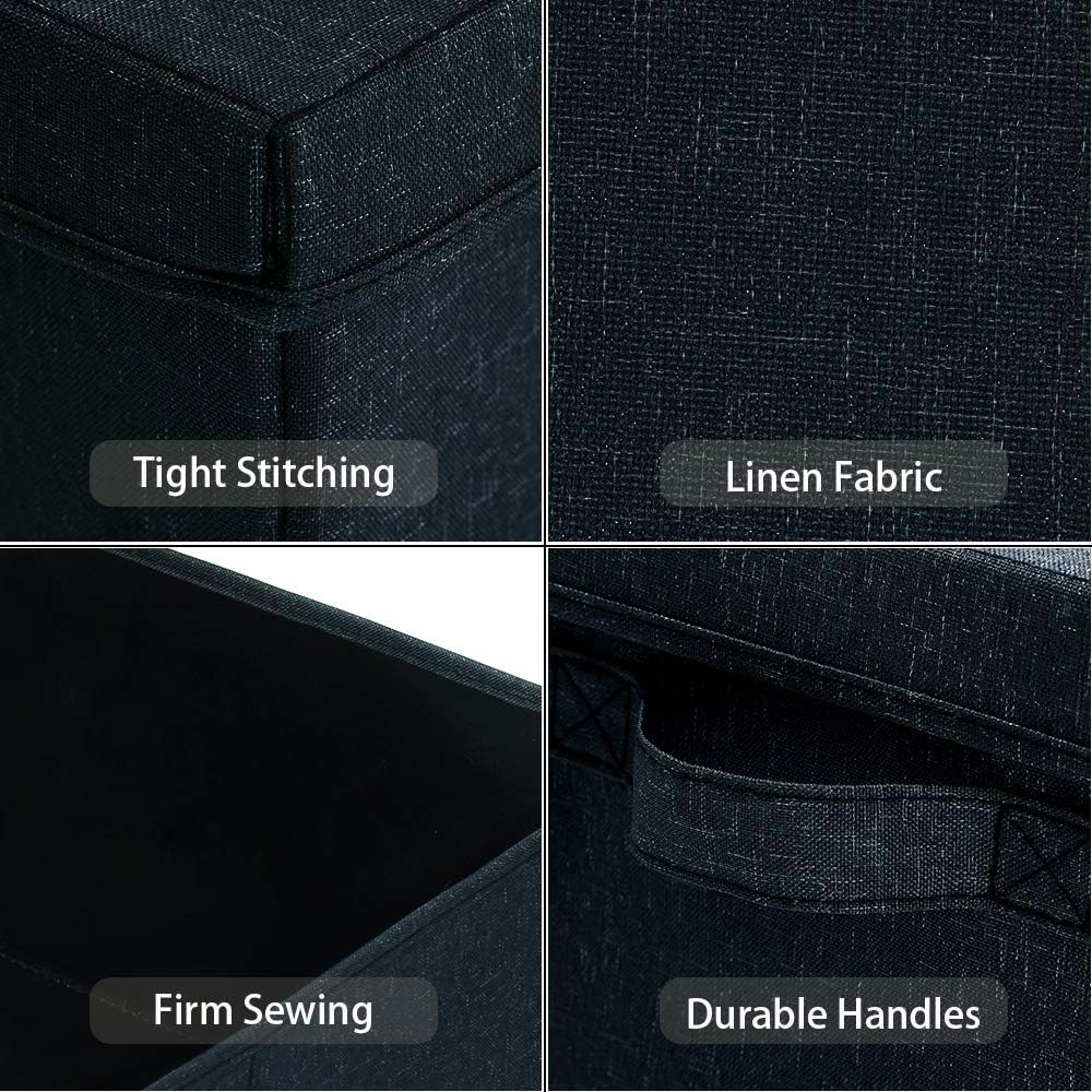 HOONEX Linen Foldable Storage Bins with Lids, 2 Pack, Storage Boxes with Carrying Handles and Sturdy Heavy Cardboard, 16.5" L x 11.8" W x 7.5" H for Shoes, Books, Clothes, Nursery, Dark Grey