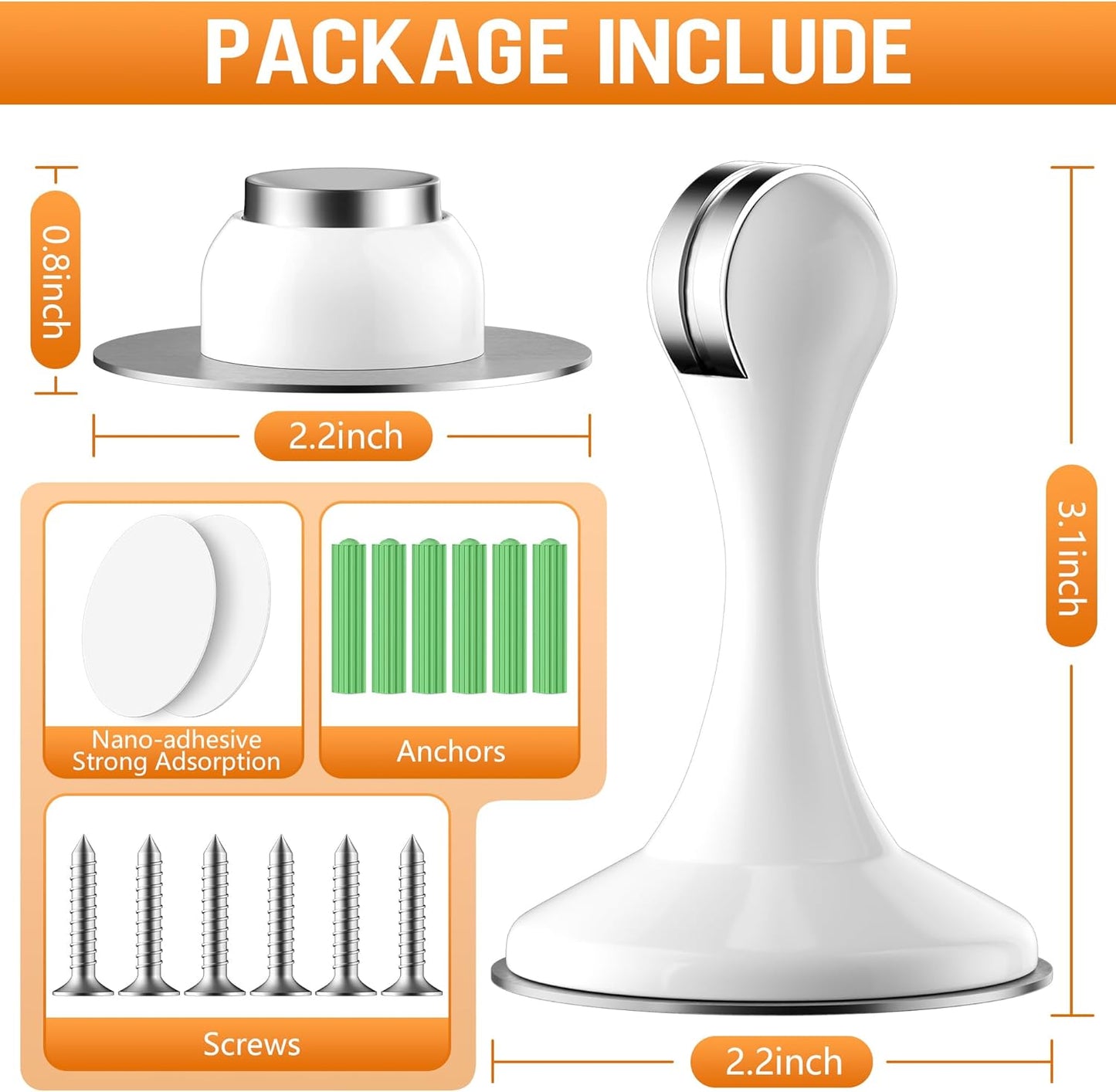 Crosize Magnetic Door Stoppers 6 Pack, Stainless Steel Door Catch for Wall and Floor Mounting, Door Holder Keep Door Open, No Drilling Door Stop with Adhesive Tapes, White