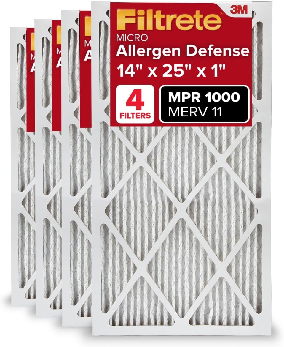 Filtrete 14x25x1 AC Furnace Air Filter, MERV 11, MPR 1000, Micro Allergen Defense, 3-Month Pleated 1-Inch Electrostatic Air Cleaning Filter, 4 Pack (Actual Size 13.81 x 24.81 x 0.81 in)