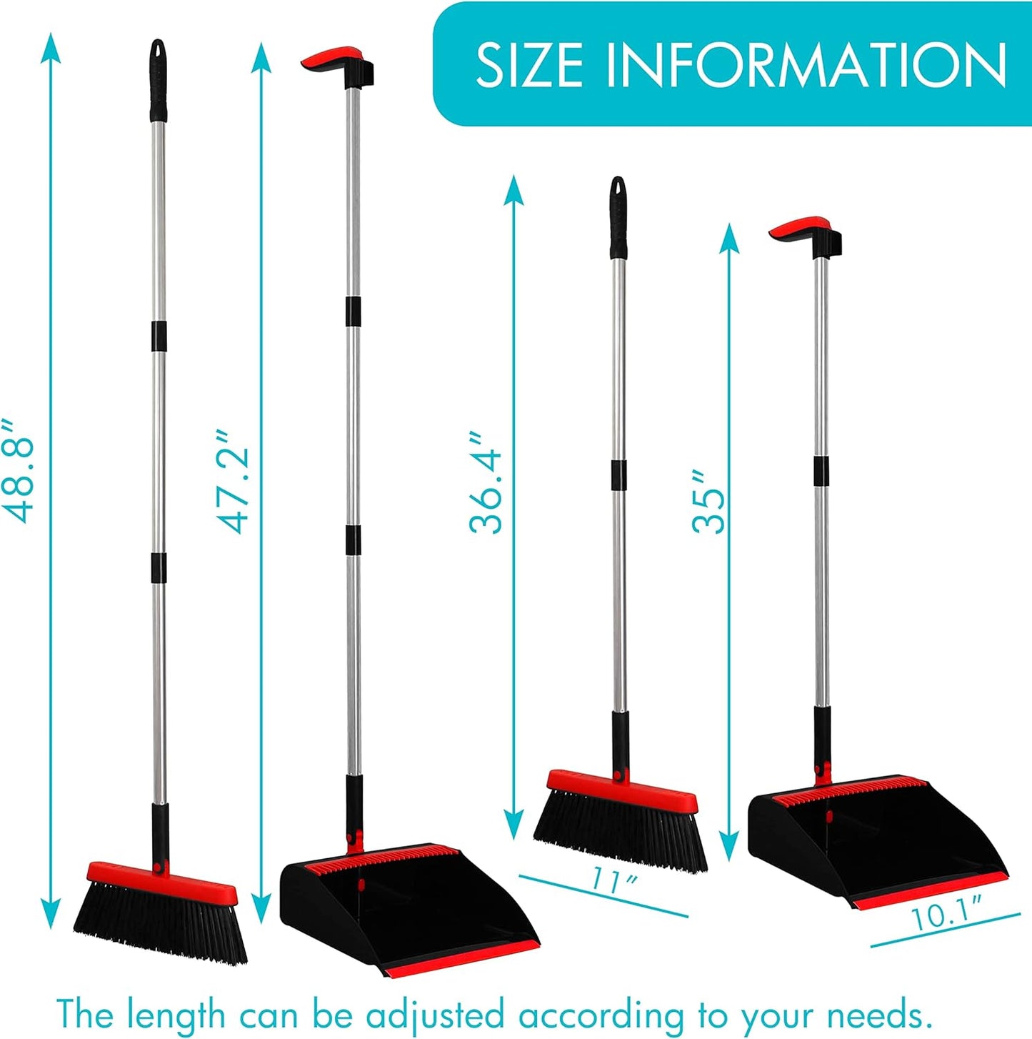 PHYEX 2-Pack Broom and Dustpan Combo Set, with 48" Adjustable Long Stainless Handles, Stand Up Dustpan with Self-Cleaning Teeth, Ideal for Home, Office, Kitchen, Indoor & Outdoor Use, Black