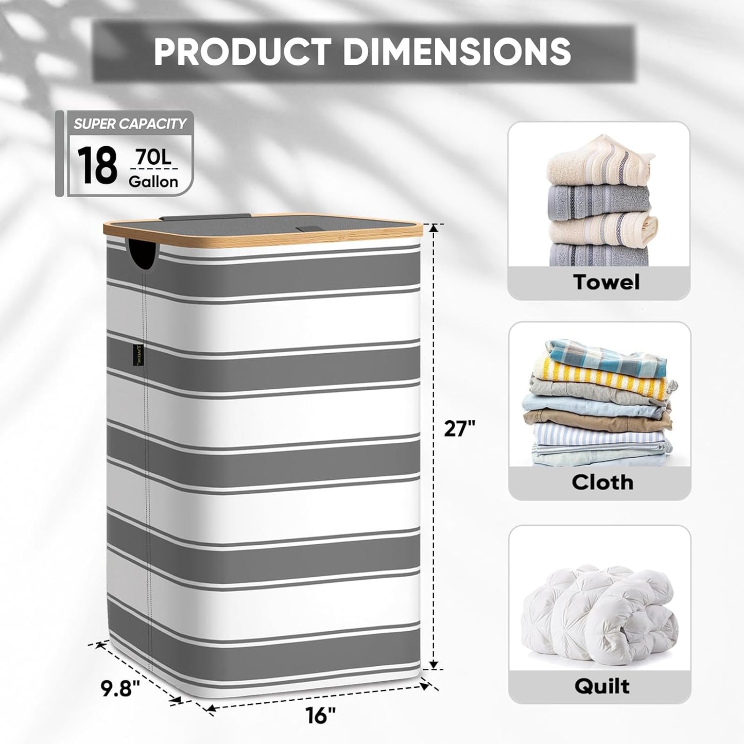 BALEINE Laundry Hamper with Lid, Tall Laundry Baskets with Bamboo Pull Handles, Large Laundry Bin with Internal Support (18 Gal/70L, Grey Stripe)