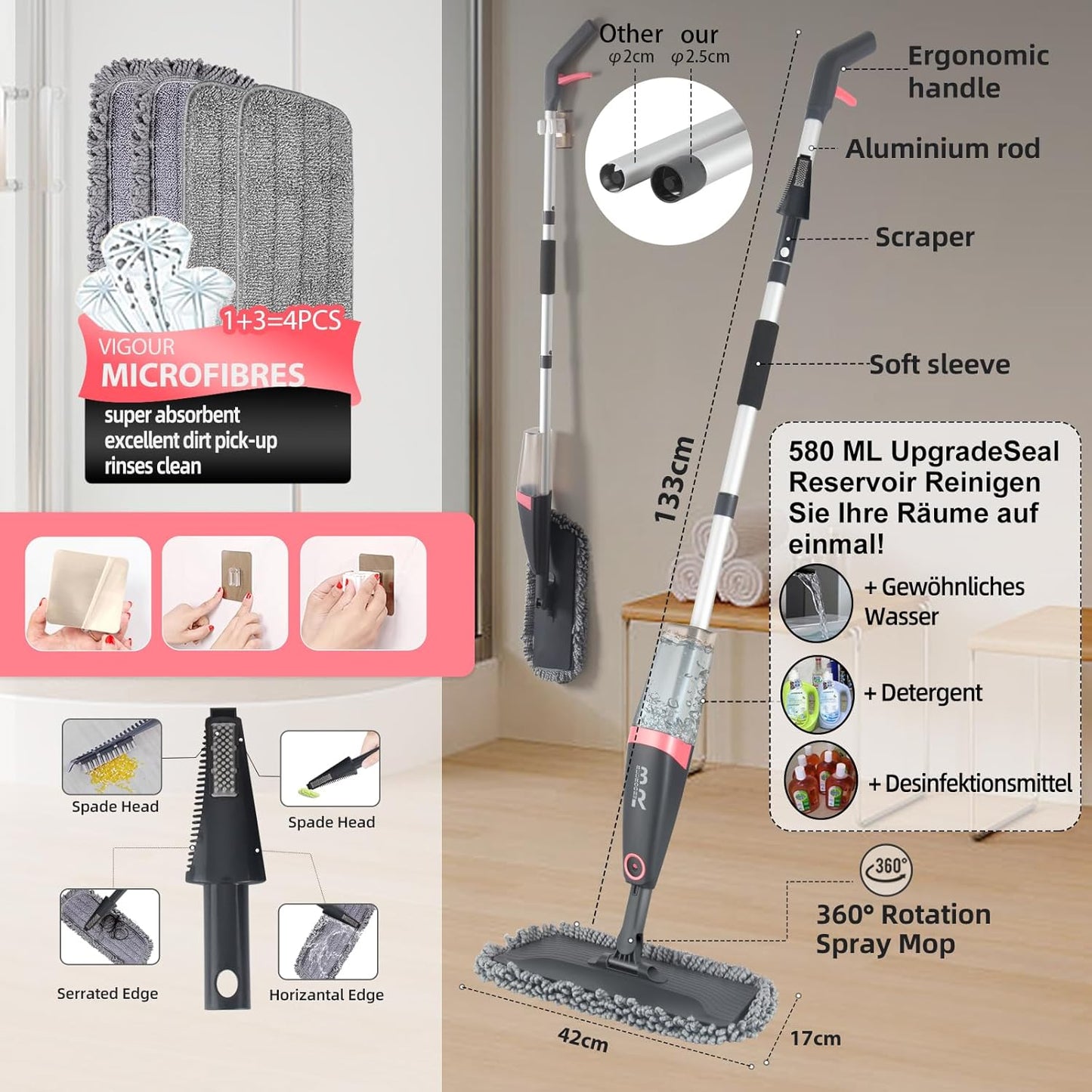Microfiber Spray Mop for Floors Dry and Wet Mop with Dusting 360 Rotation for Kitchen, Hardwood, Laminate, Tile Floors Includes 4 Refill Heads, Scraper, Holder & Spray Bottle