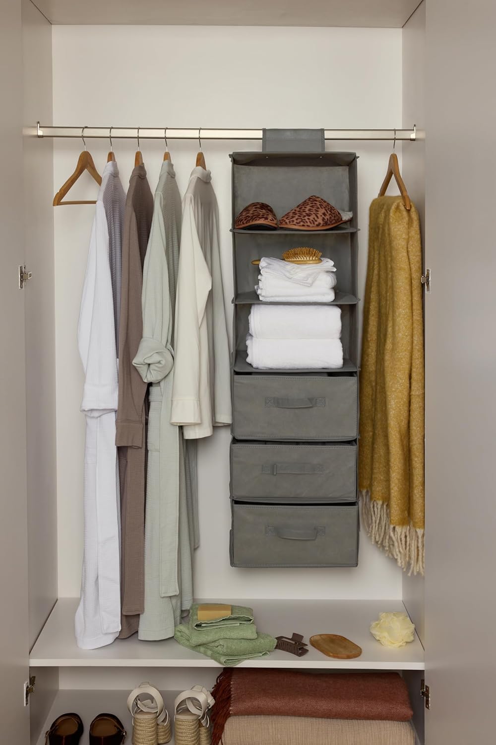 Amazon Basics 6-Tier Hanging Shelf Closet Storage Organizer with Removable Drawers, Grey, 6.9"D x 13.6"W x 12.2"H