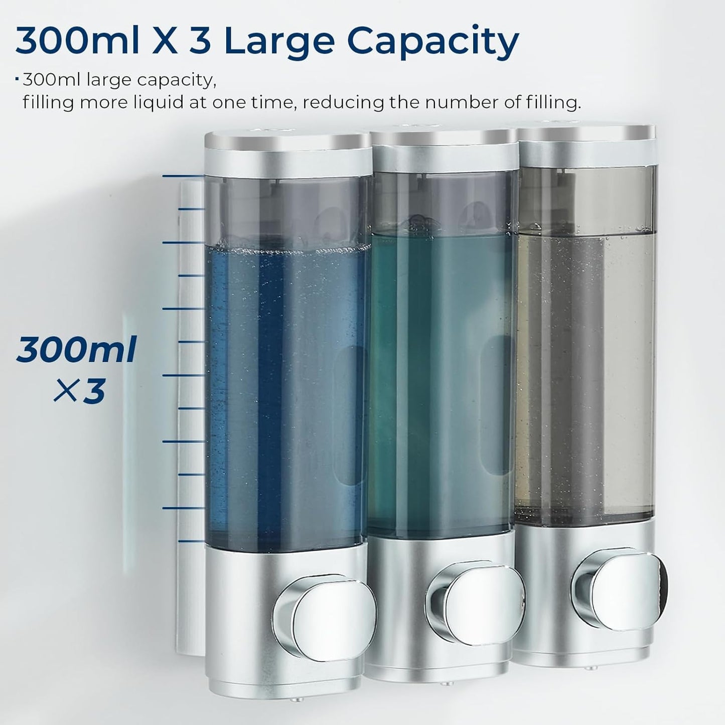 Shampoo and Conditioner Dispenser, Pollock Shower Soap Dispenser 3 Chamber No Drill, Wall Mounted Shampoo Body Wash Conditioner for Bathroom Large Capacity Silver